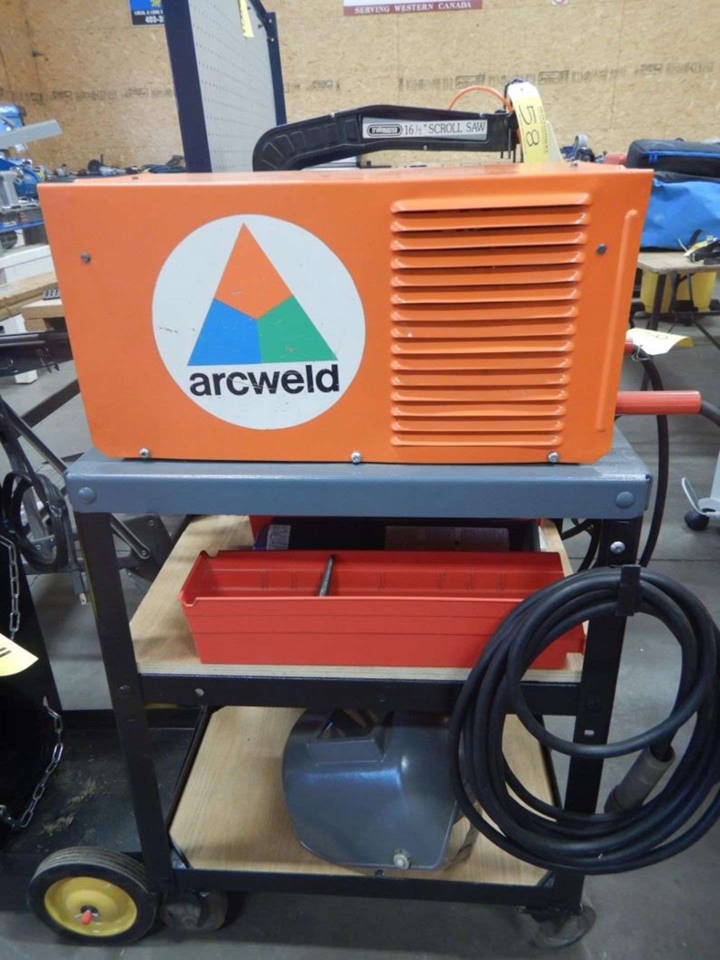 ARC WELD AC WELDING MACHINE W/ CABLES, ASSORTED ELECTRODES, MASK, CHIPPING AXE, ON WHEELED CART - Image 7 of 7