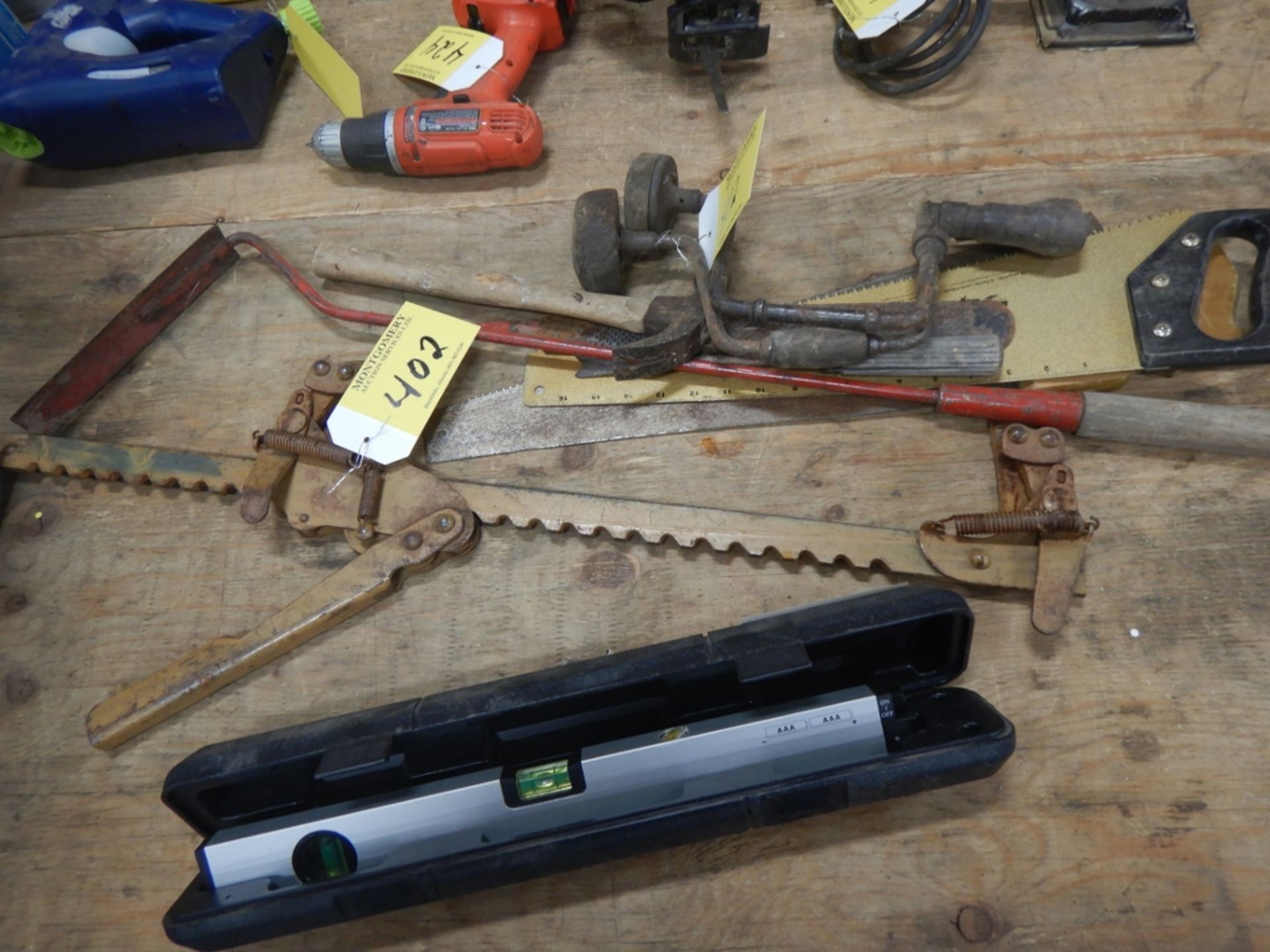L/O ASSORTED HAND TOOLS, SAWS, POWER FIST LASER LEVEL, RASP, ETC.