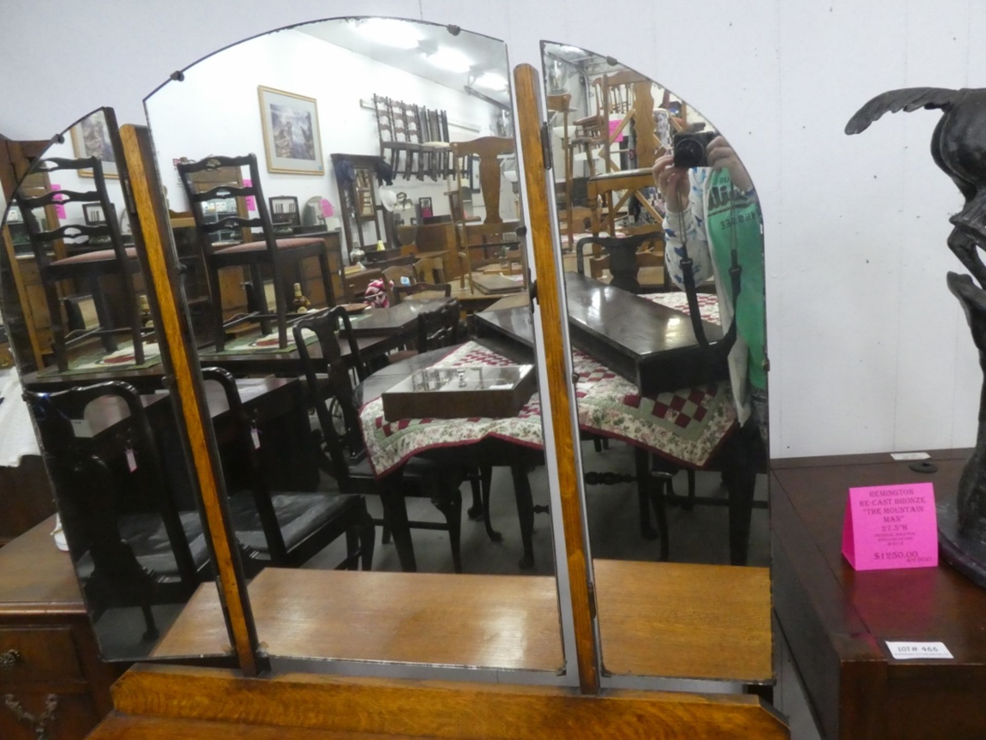 OAK DRESSER W/TRI-FOLD MIRROR, DOVETAILED 60"H 39"W 17.5"D CA 1920'S - Image 2 of 4