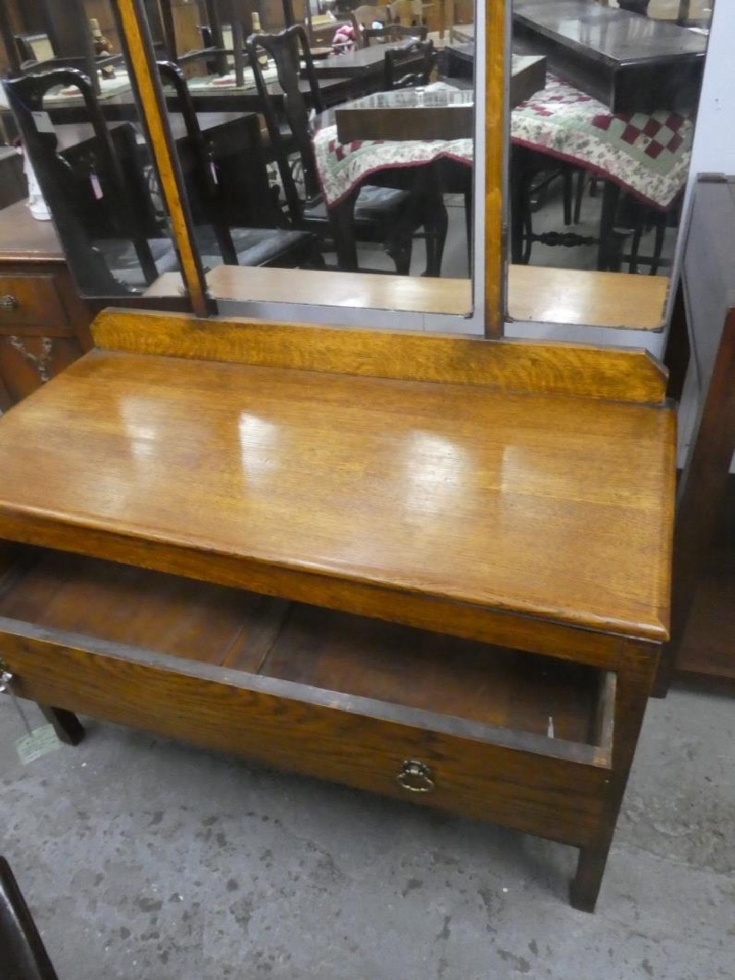 OAK DRESSER W/TRI-FOLD MIRROR, DOVETAILED 60"H 39"W 17.5"D CA 1920'S - Image 4 of 4