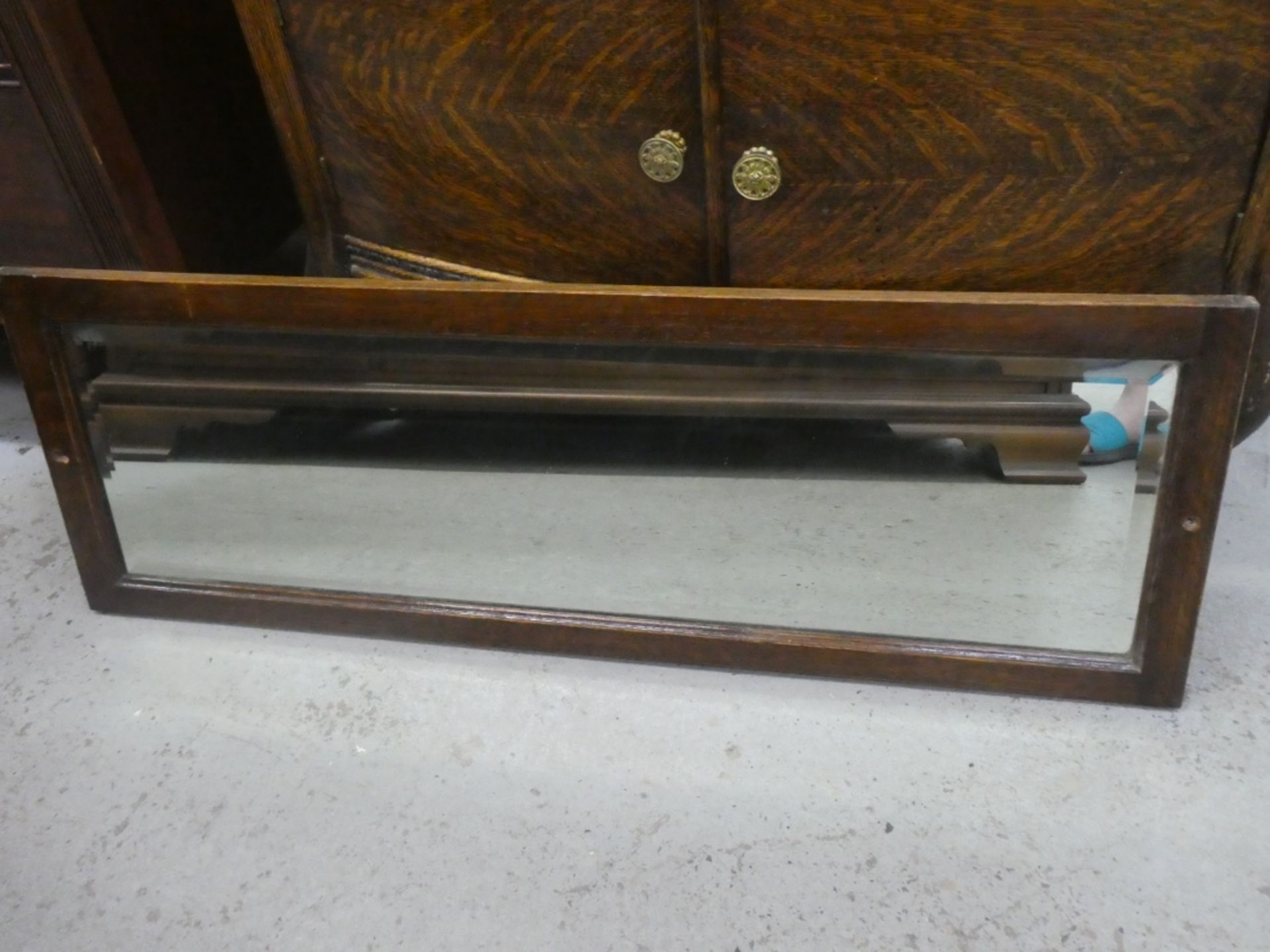 ANTIQUE OAK FRAMED BEVELLED MIRROR 12"H 36"W