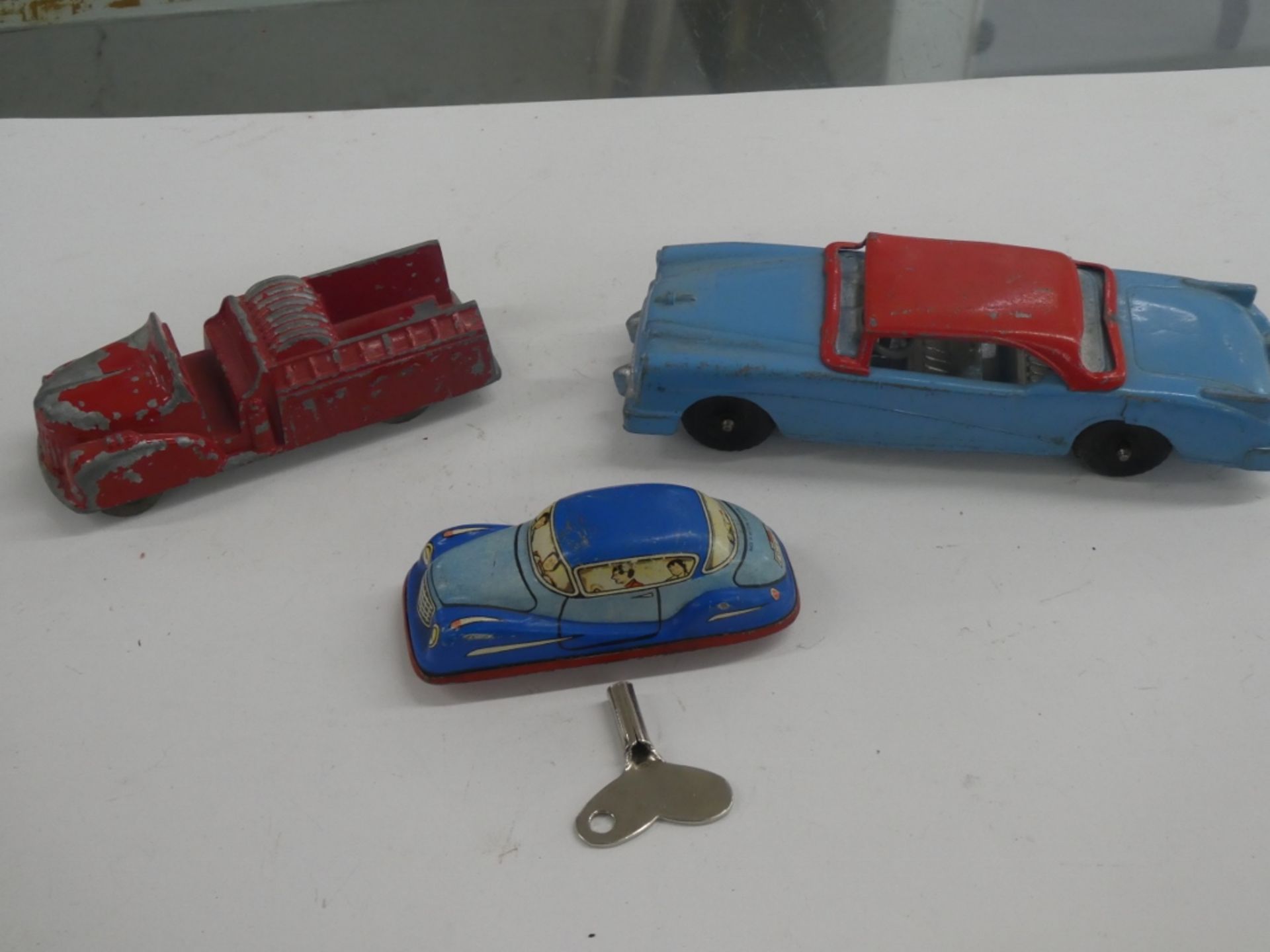 LONDON TOY FIRE TRUCK #18, TECHNOFIX LITHO WINDUP CAR, MANCIL TOY CAR