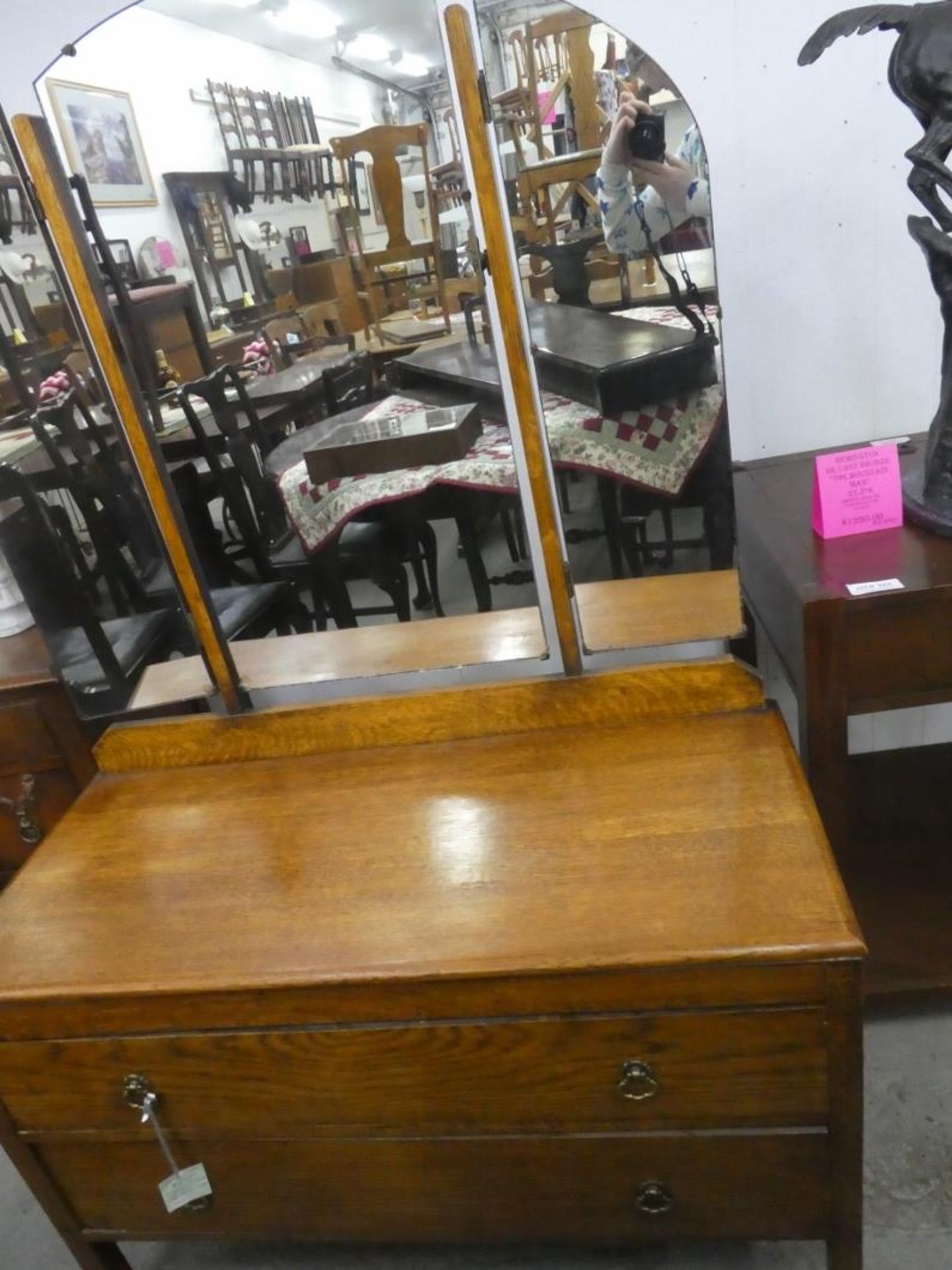 OAK DRESSER W/TRI-FOLD MIRROR, DOVETAILED 60"H 39"W 17.5"D CA 1920'S