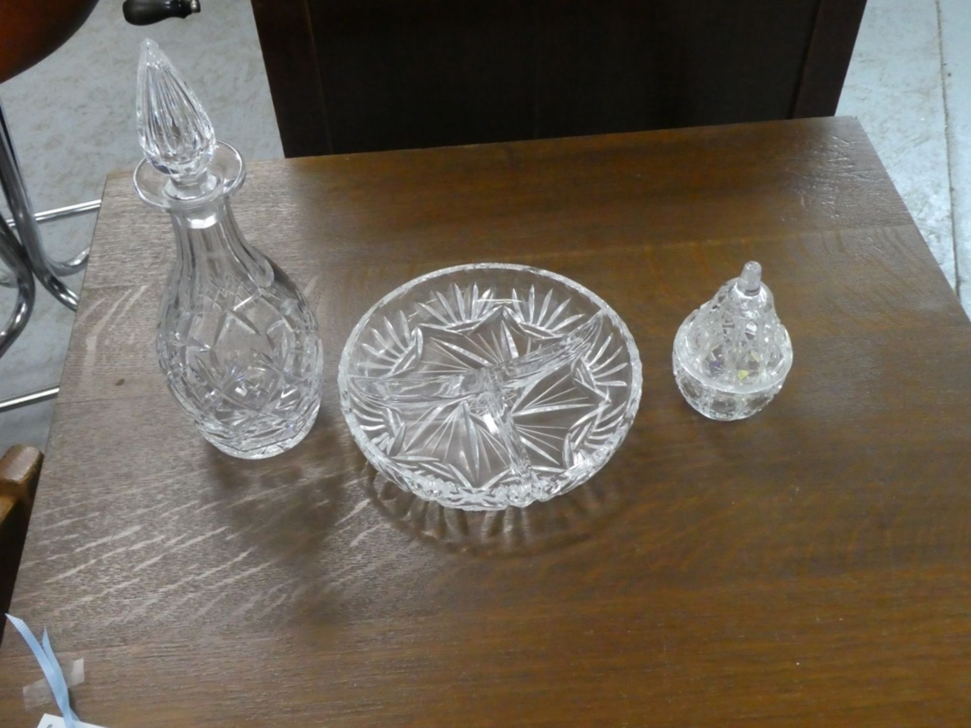 SMALL CRYSTAL DECANTER, CRYSTAL DIVIDED DISH 7" & CRYSTAL "PEAR"