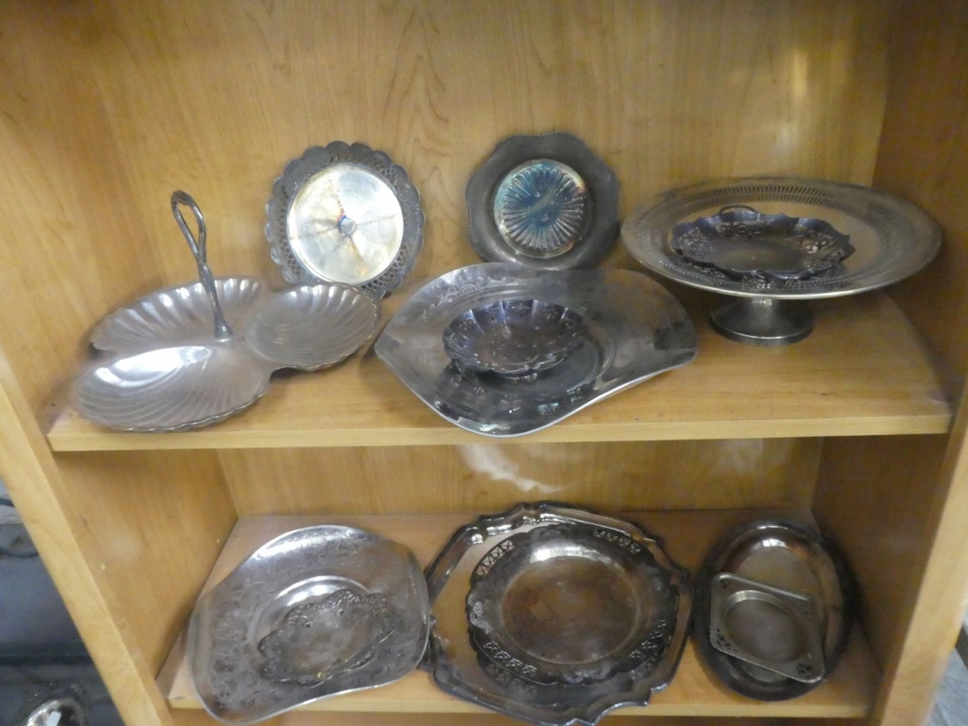 2 SHELVES OF SILVERPLATE