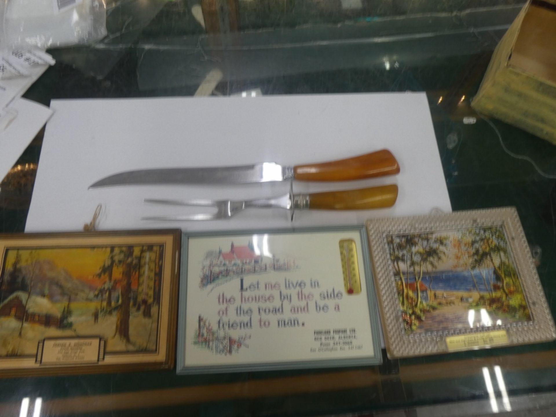 VINTAGE CARVING SET & ADVERTISING THERMOMETERS ETC - Image 2 of 2