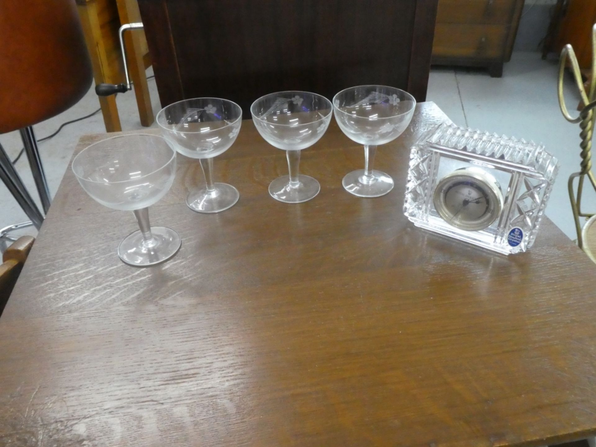 4 CRYSTAL SERBET GLASSES & ROYAL DOULTON CRYSTAL CLOCK