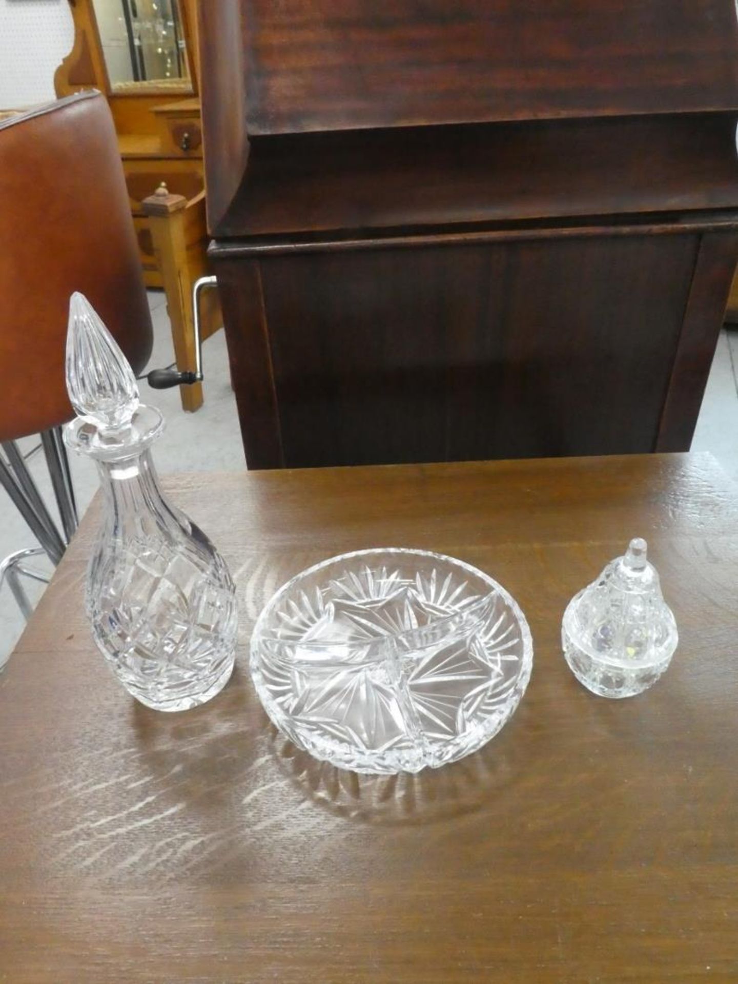 SMALL CRYSTAL DECANTER, CRYSTAL DIVIDED DISH 7" & CRYSTAL "PEAR" - Image 2 of 3