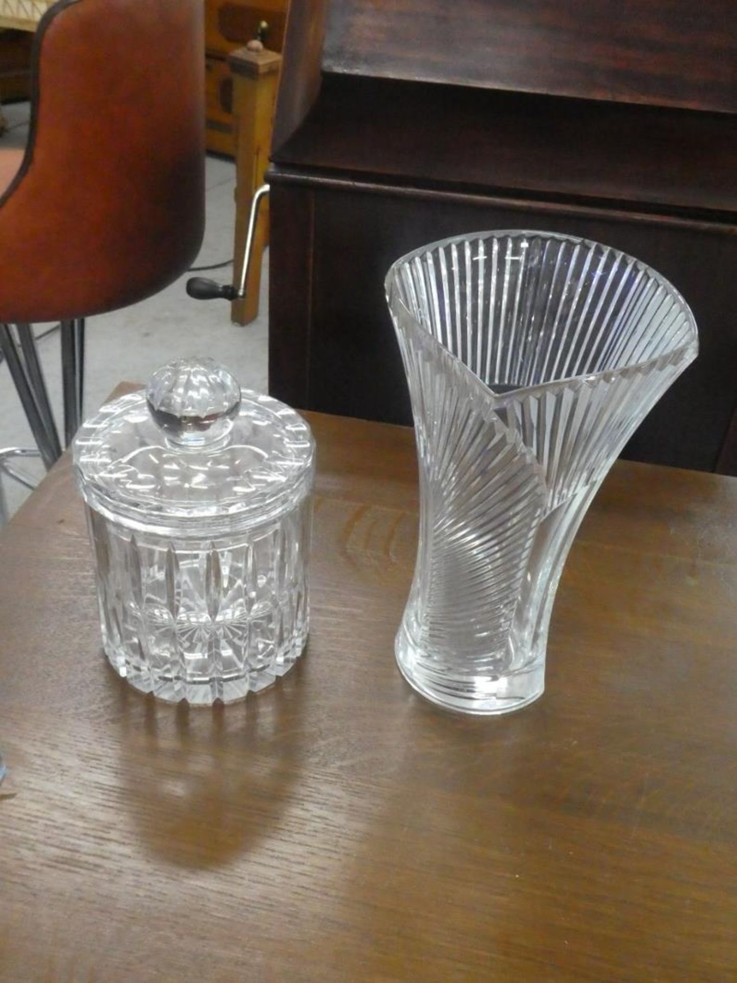 CRYSTAL VASE 10" & CRYSTAL BISCUIT BARREL