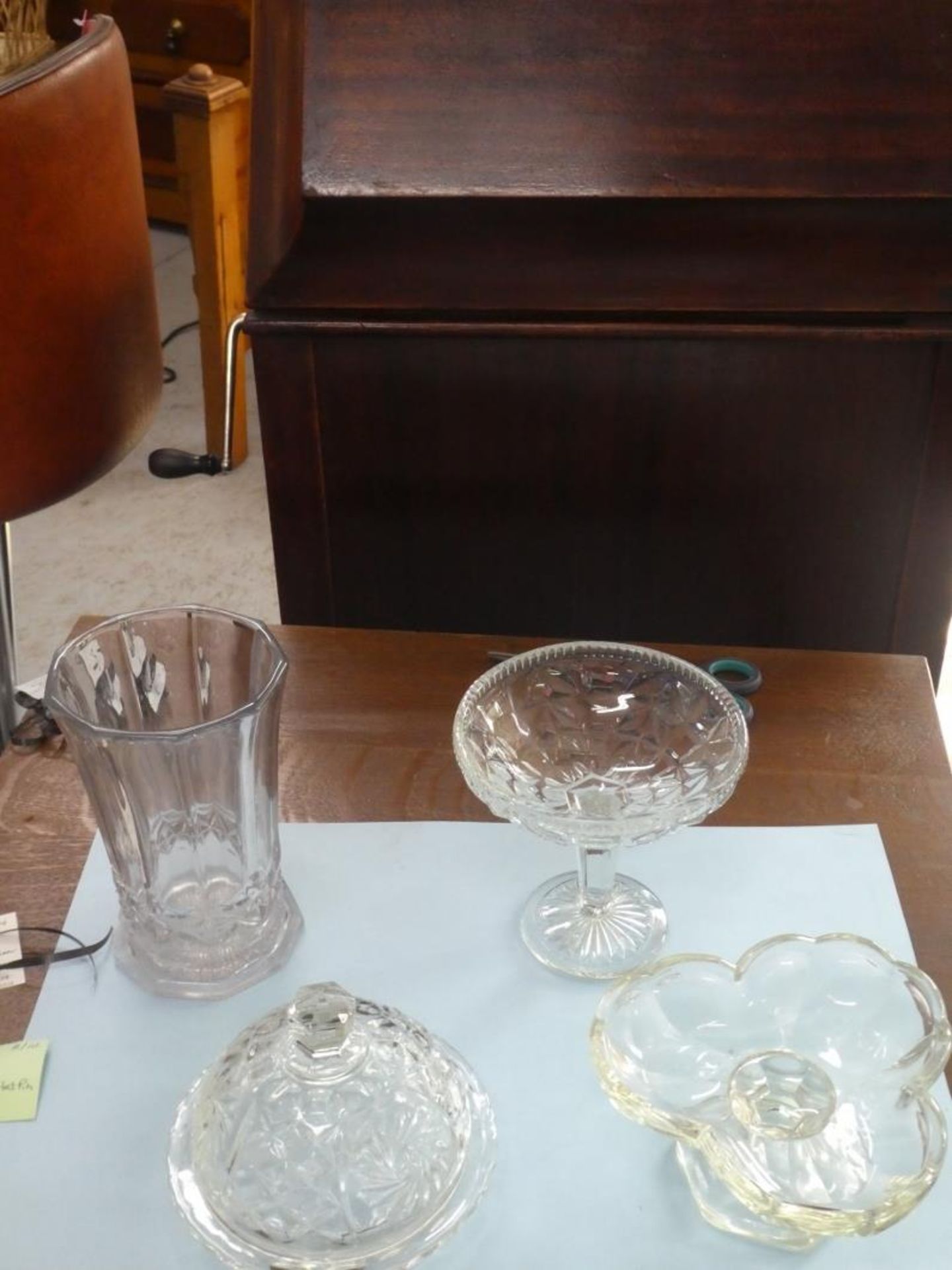 2 FOOTED DISHES, GLASS VASE & BUTTER DISH