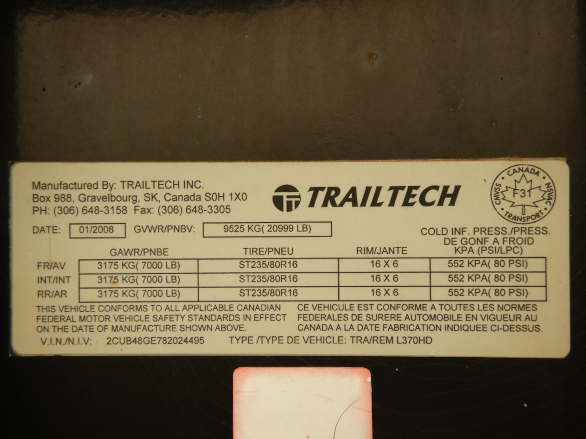 2008 TRAILTECH 16FT GN HYD. DUMP TRAILER, TRI-AXLE, 21,000 GVWR, W/ GN DECK, RAMPS, 13,200LBS - Image 6 of 15