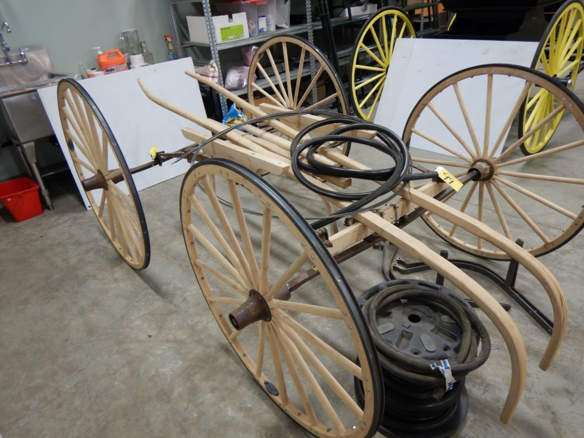 BUGGY FRAME & WHEELS W/RUBBER TIRE MATERIAL, INCOMPLETE RESTORATION BY JIM TRONNES - Image 2 of 3