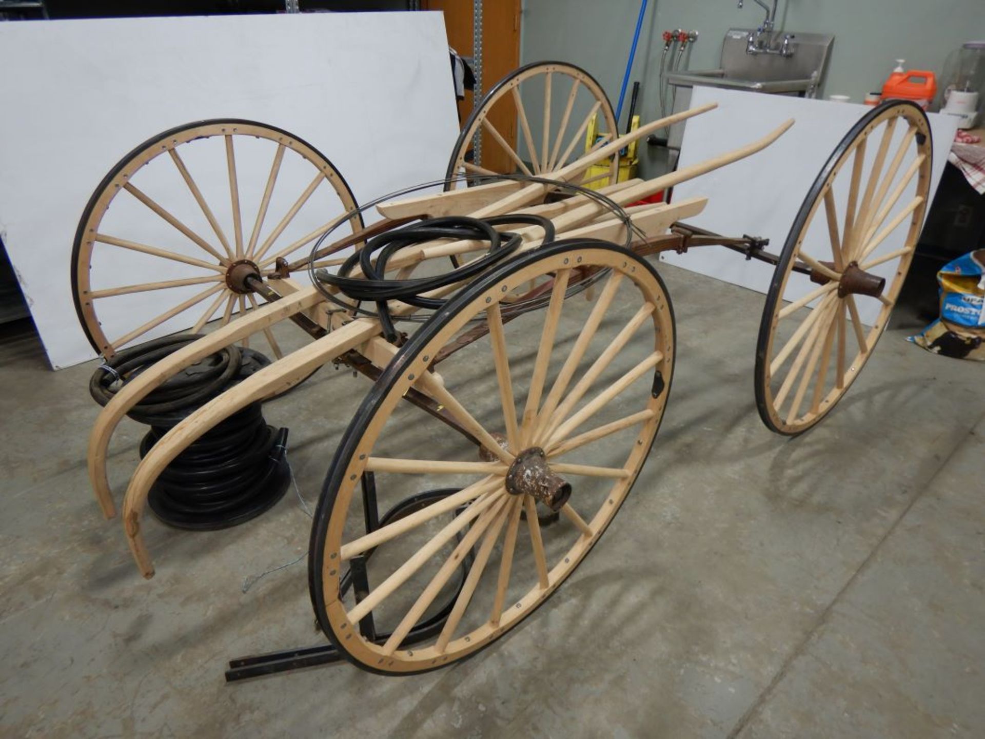 BUGGY FRAME & WHEELS W/RUBBER TIRE MATERIAL, INCOMPLETE RESTORATION BY JIM TRONNES