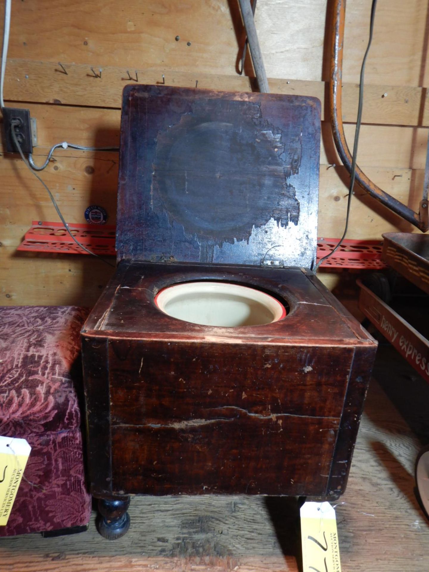 VINTAGE UPHOLSTERED FOOT STOOL/STORAGE UNIT, VINTAGE WOOD POTTY CHAIR & POTTY - Image 2 of 4