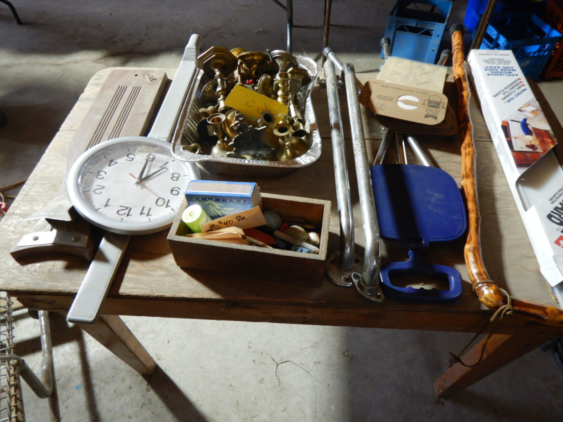 WOOD TABLE & CONTENTS - GLIDE GUARD FLOOR PROTECTORS, WALKING CANE, GRAB HANDLES, BRASS CANDLE - Image 2 of 2