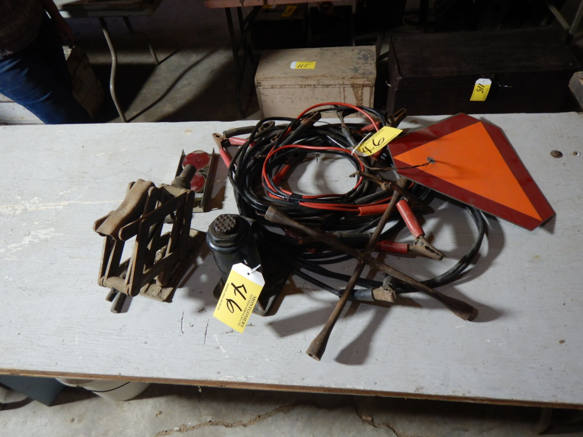 BATTERY BOOSTER CABLES, SLOW MOVING SIGN, BOTTLE JACK, ETC