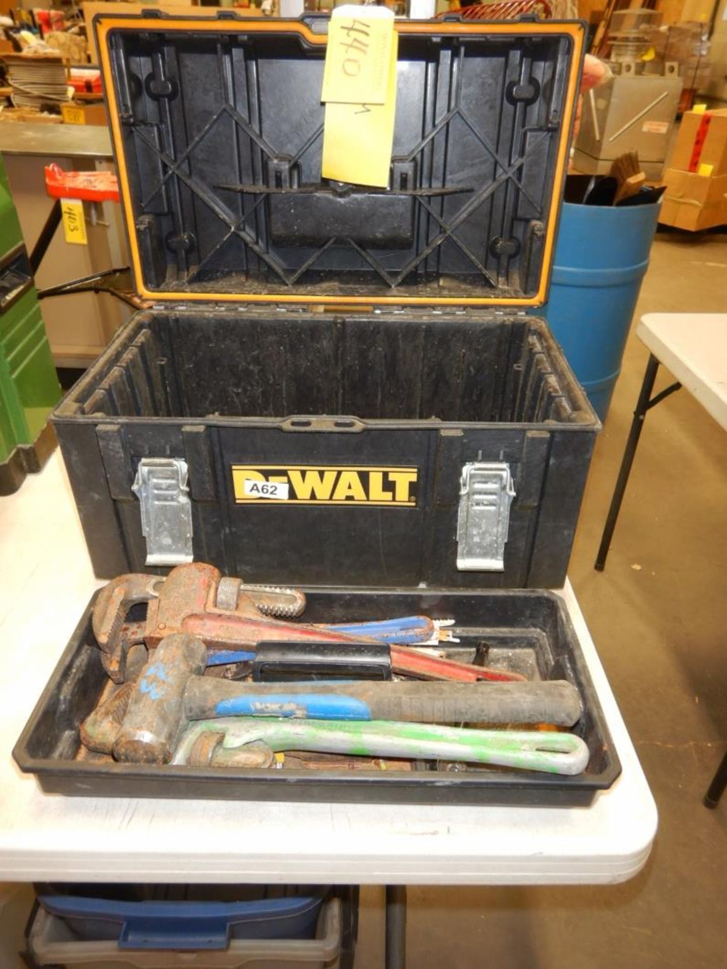 DEWALT POLY TOOLBOX, 18IN MASTERCRAFT ALUMINUM PIPE WRENCH, 2-14IN STEEL PIPE WRENCHES, 4LB SLEDGE - Image 2 of 3