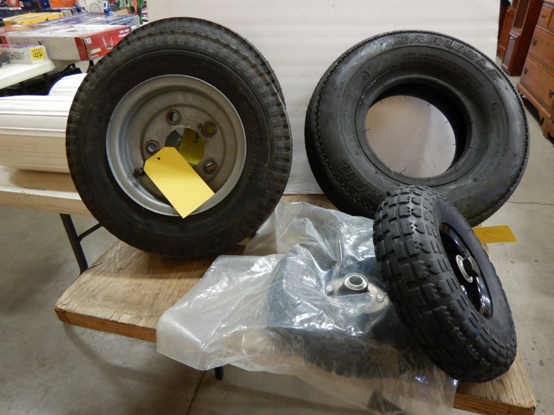 2-4.80 /4.00-8 TIRES AND RIMS, 2-4.10/3.50 TIRES AND RIMS, 1-4.80-8 TIRE