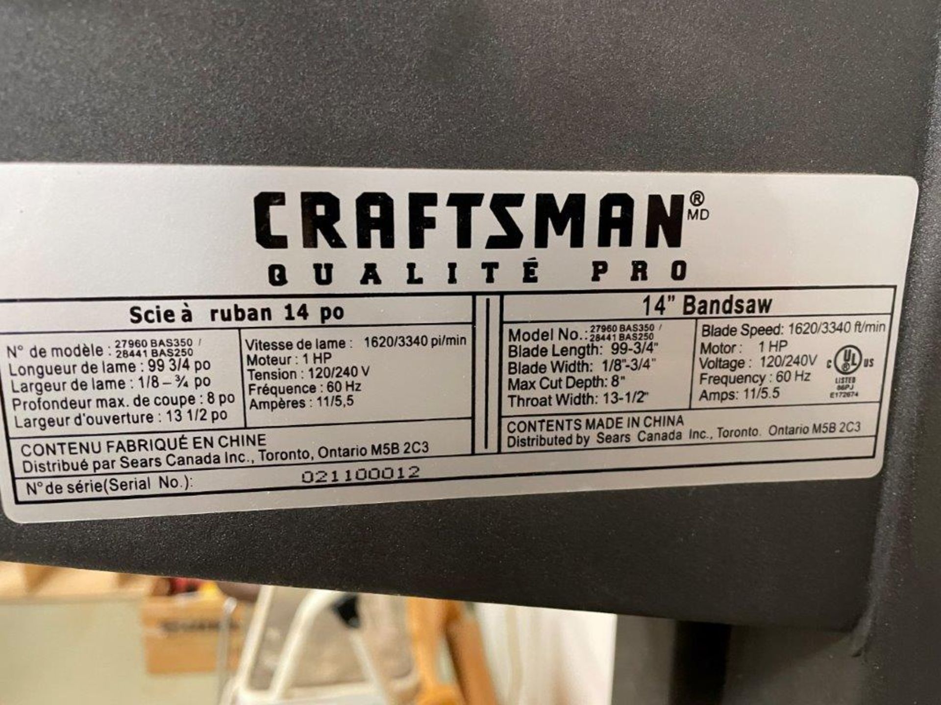 CRAFTSMAN BANDSAW 1HP, 8IN DEPTH 13.5IN THROAT WIDTH - Image 5 of 5