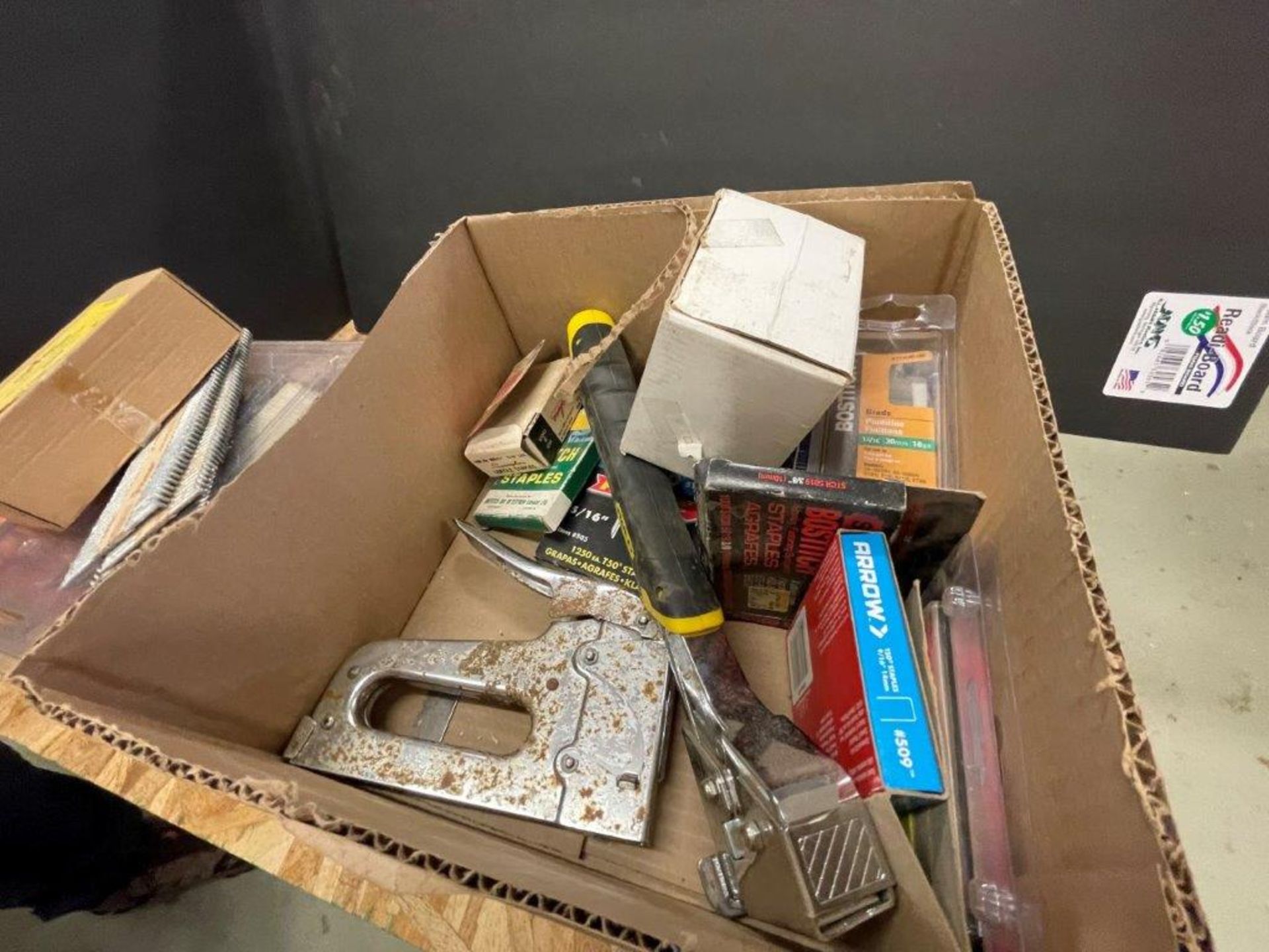 L/O BOX OF STAPLERS, STAPLES, FRAMING NAILS, ETC.