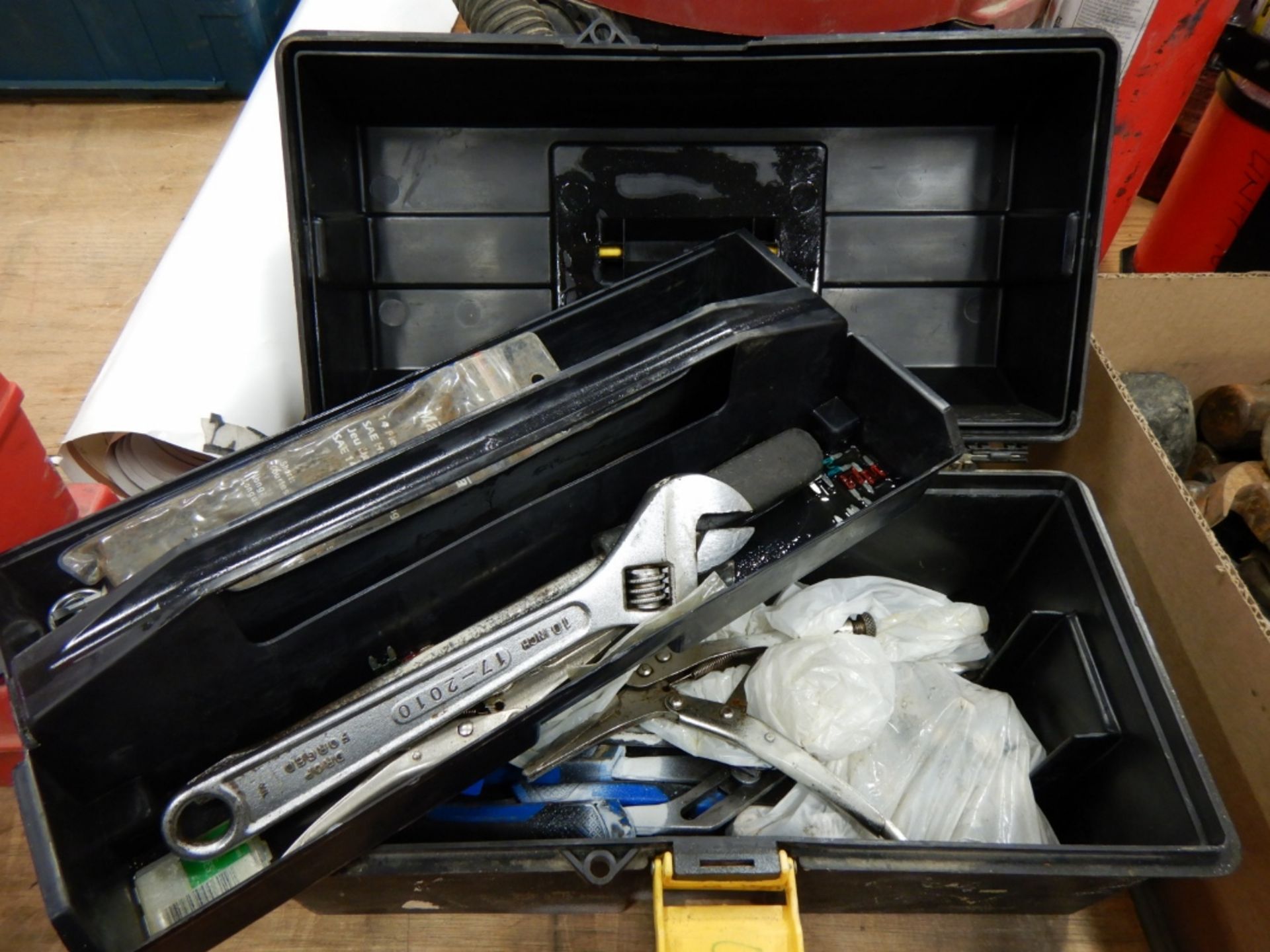 MASTERCRAFT STEEL AND 2-POLY TOOLBOXES W/ ASSORTED WRENCHES, PLIERS, HAND TOOLS, ETC. - Image 2 of 3