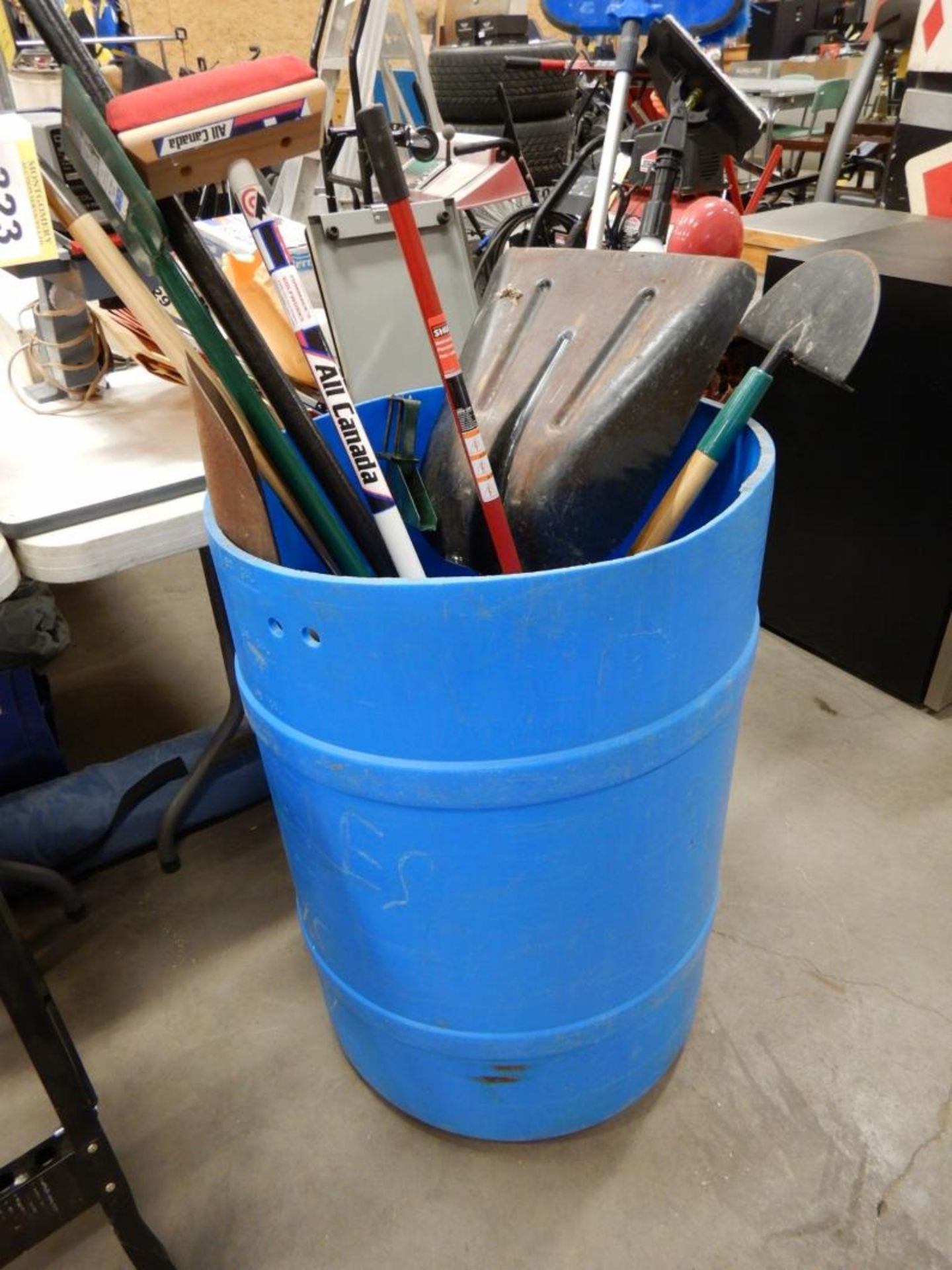 ASSORTED SHOVELS, BRUSHES, POLE PRUNER, ETC (BARREL NOT INCLUDED)