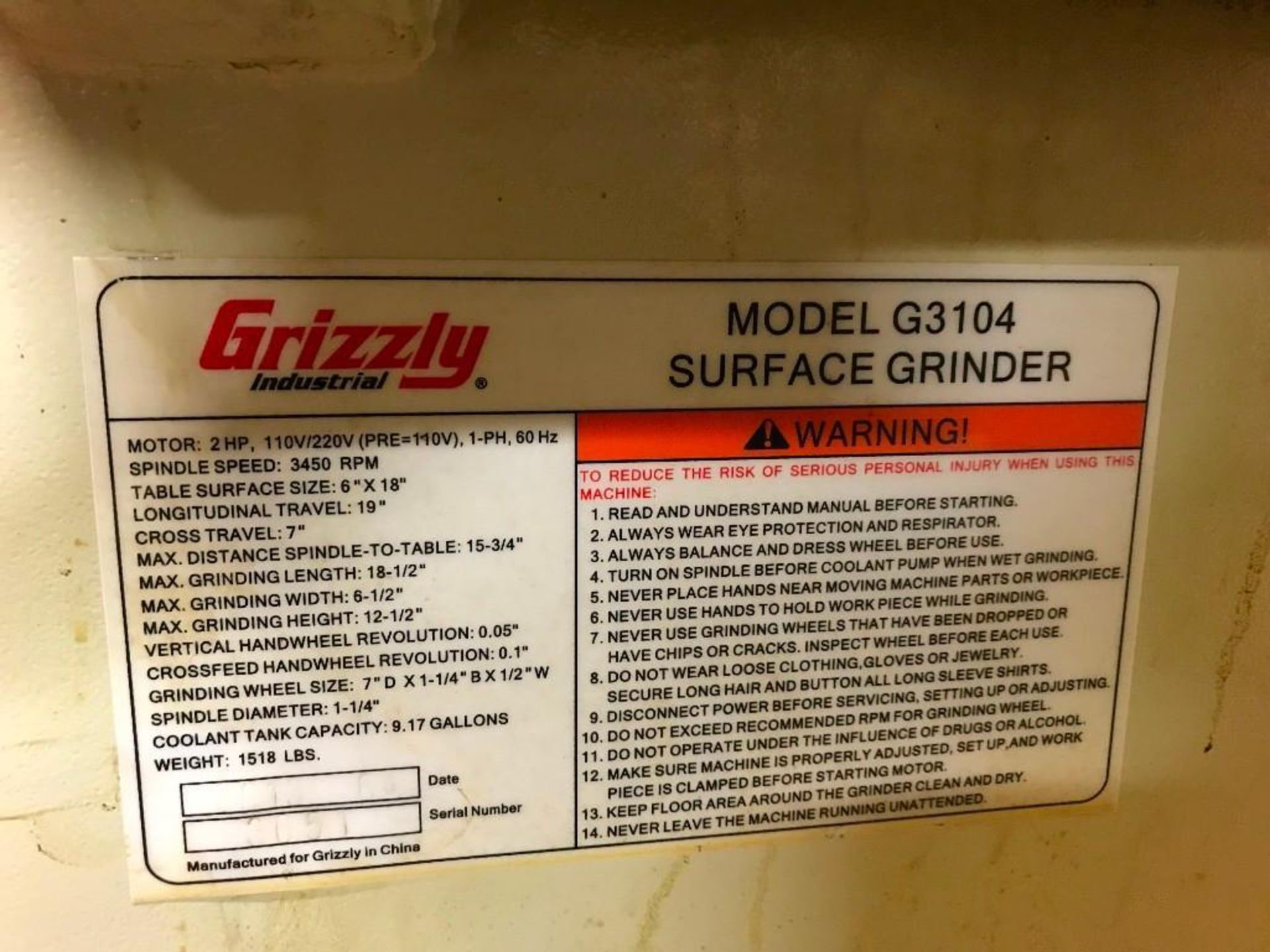 2015 GRIZZLEY G3104 SURFACE GRINDER - Image 8 of 9