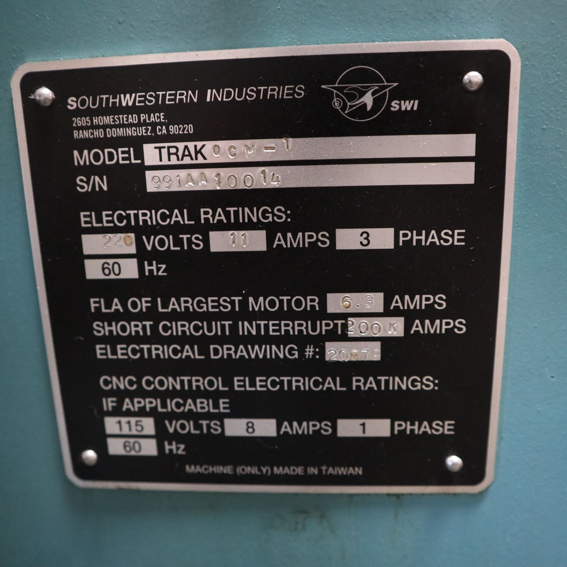 SOUTHWESTERN INDUSTRIES TRAK QUIKCELL QCM-1 3 AXIS CNC KNEE MILL, CAT 40, PART NUMBER: 21178, SYSTEM - Image 7 of 7