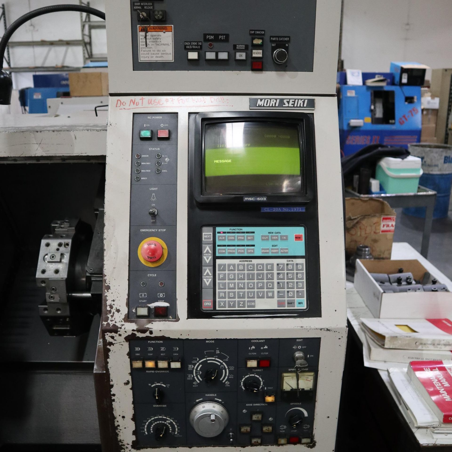 1996 MORI SEIKI CL-20A CNC LATHE, S/N 1971, TOOL SETTER, COLLET CHUCK, YASNAC CONTROL, MANUALS, TOOL - Image 6 of 10