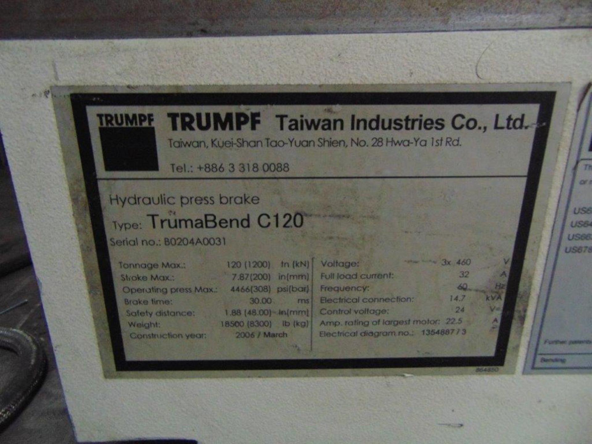 2006 TRUMPF TRUMABEND C120 HYDRAULIC PRESS BRAKE, S/N B0204A0031, 120 TON, 4-AXIS, 122” OVERALL - Image 6 of 8