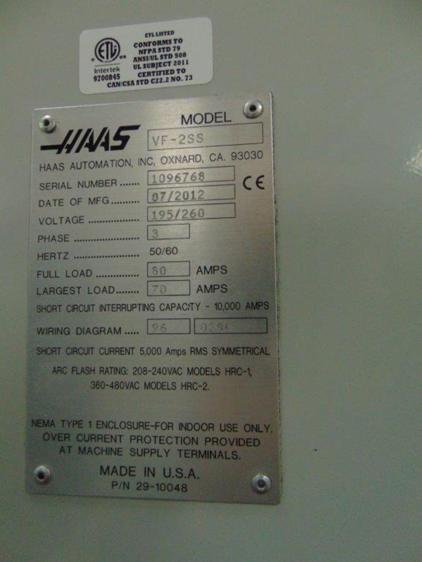 2012 HAAS VF-2SS S/N 1096768, 30” x 16” x 20” TRAVELS, 30HP, 12,000 RPM, USB PORT, RIGID TAPPING - Image 9 of 9