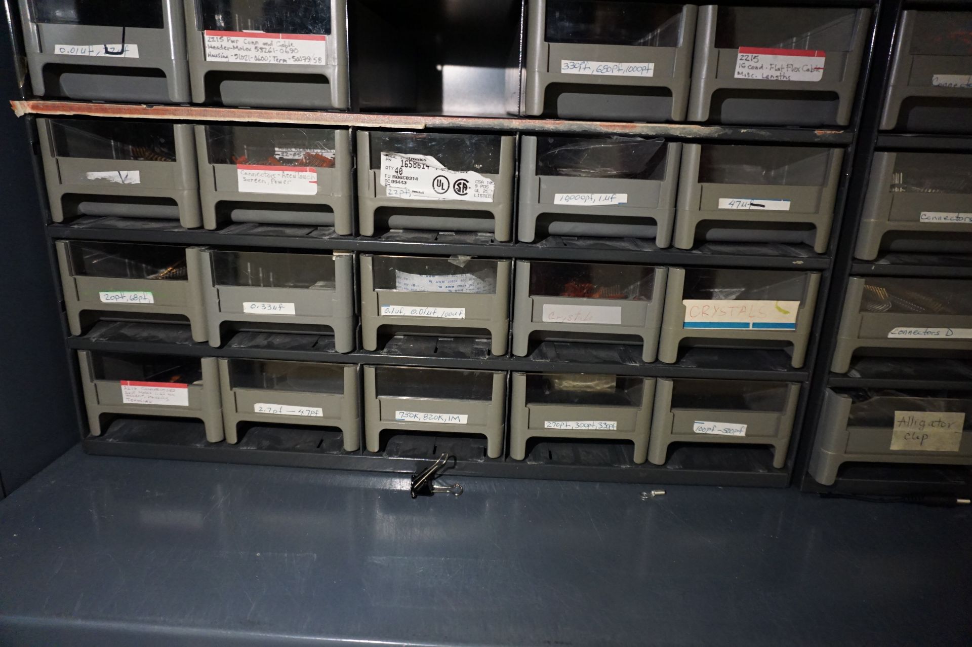 2 DOOR STEEL SHOP CABINET WITH (10) PLASTIC ORGANIZER BINS WITH CONTENTS TO INCLUDE: MISC. - Image 12 of 14