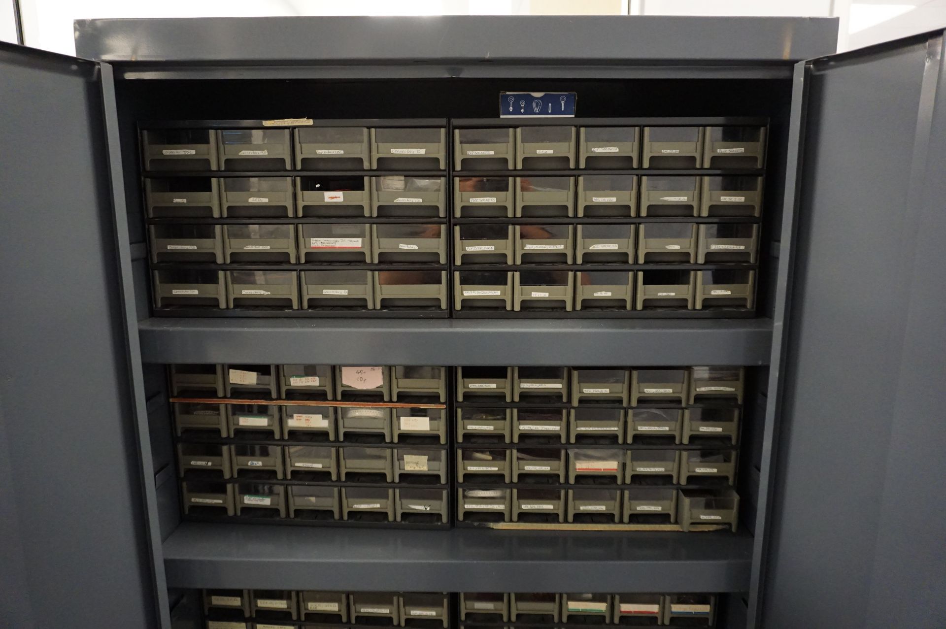2 DOOR STEEL SHOP CABINET WITH (10) PLASTIC ORGANIZER BINS WITH CONTENTS TO INCLUDE: MISC. - Image 2 of 14