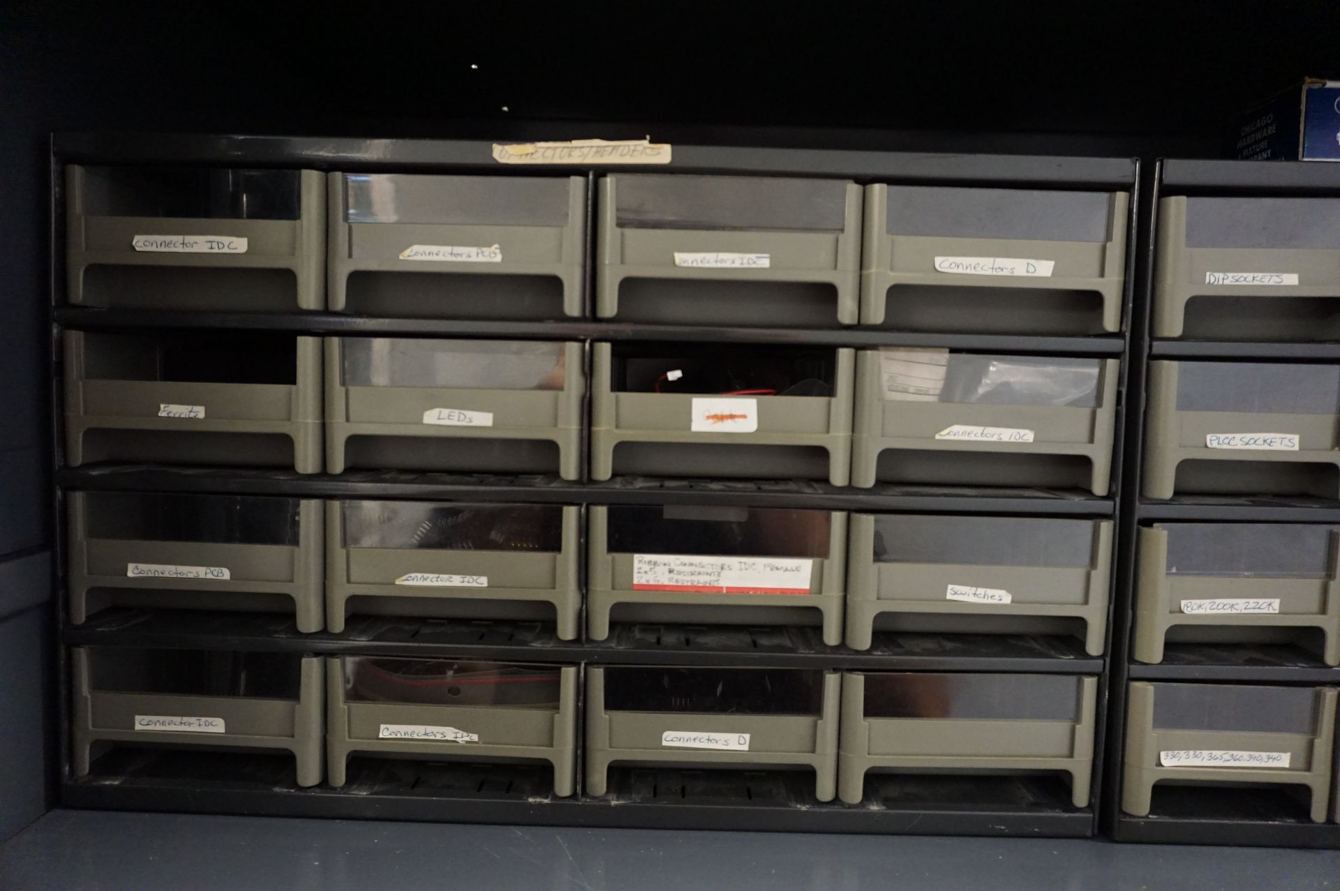 2 DOOR STEEL SHOP CABINET WITH (10) PLASTIC ORGANIZER BINS WITH CONTENTS TO INCLUDE: MISC. - Image 5 of 14