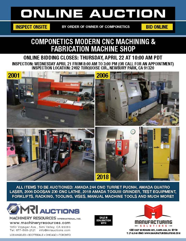 MODERN CNC MACHINING & FABRICATION MACHINE SHOP AUCTION – By Order Of Owner Of Componetics