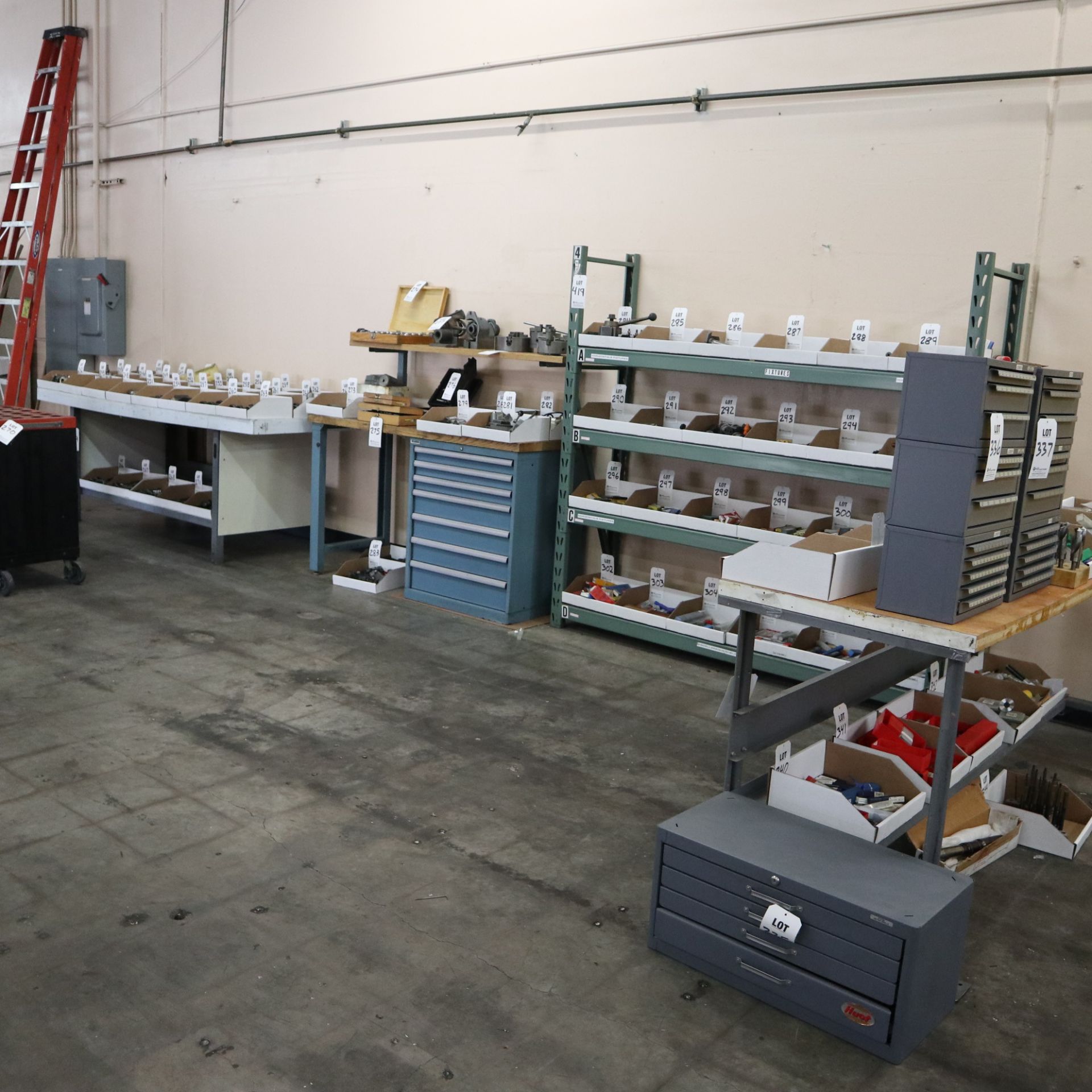 LOT TO INCLUDE: (1) LISTA TABLE WORKBENCHES, 7 DRAWER CABINET DIMENSIONS 6' X 30" X 35", (2) SHOP