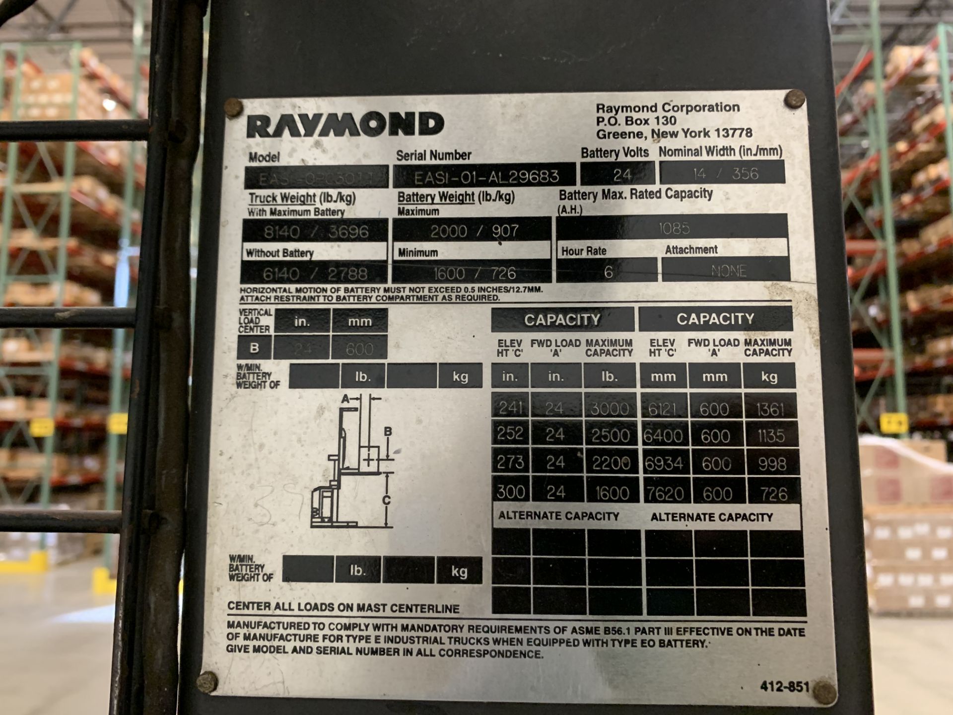 2001 RAYMOND 3,000-LB. CAPACITY ORDER PICKER, MODEL EASI-OPC30TT, S/N EASI-01-AL29683, WITH 24-VOLT - Image 11 of 16