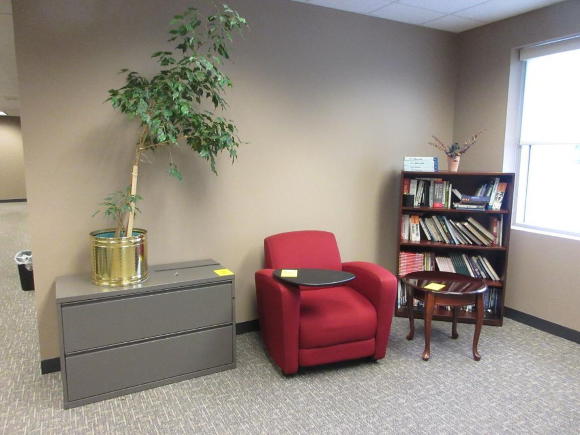 FURNITURE IN SITTING AREA: (2) FILE CABINETS, END TABLE, BOOKSHELF, CHAIR W/ TRAY