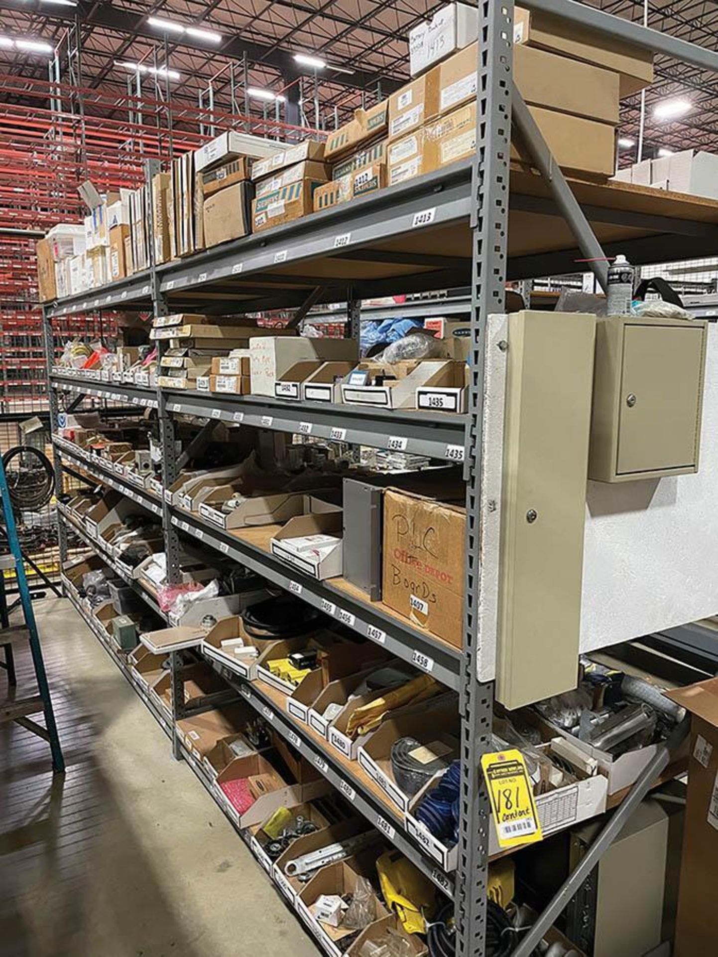 CONTENTS OF SHELF UNIT: TAPE MACHINE HEADS, TAPE GUNS, SCANNERS, FOOT PEDALS, BEARINGS, ROLLERS, SPR