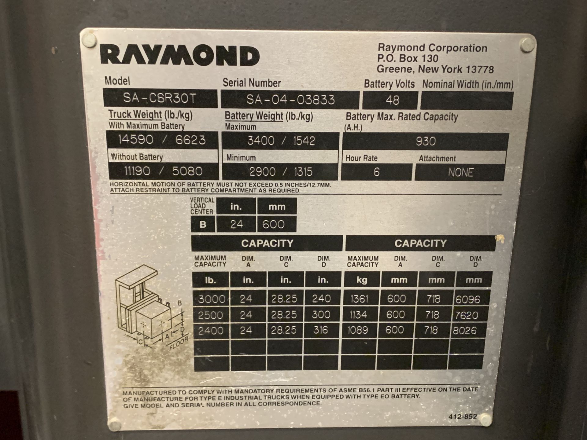 2004 RAYMOND 3,000-LB. CAPACITY SWING MAST TURRET TRUCK, MODEL SA-CSR30T, S/N SA-04-03833, WITH 48-V - Image 18 of 32