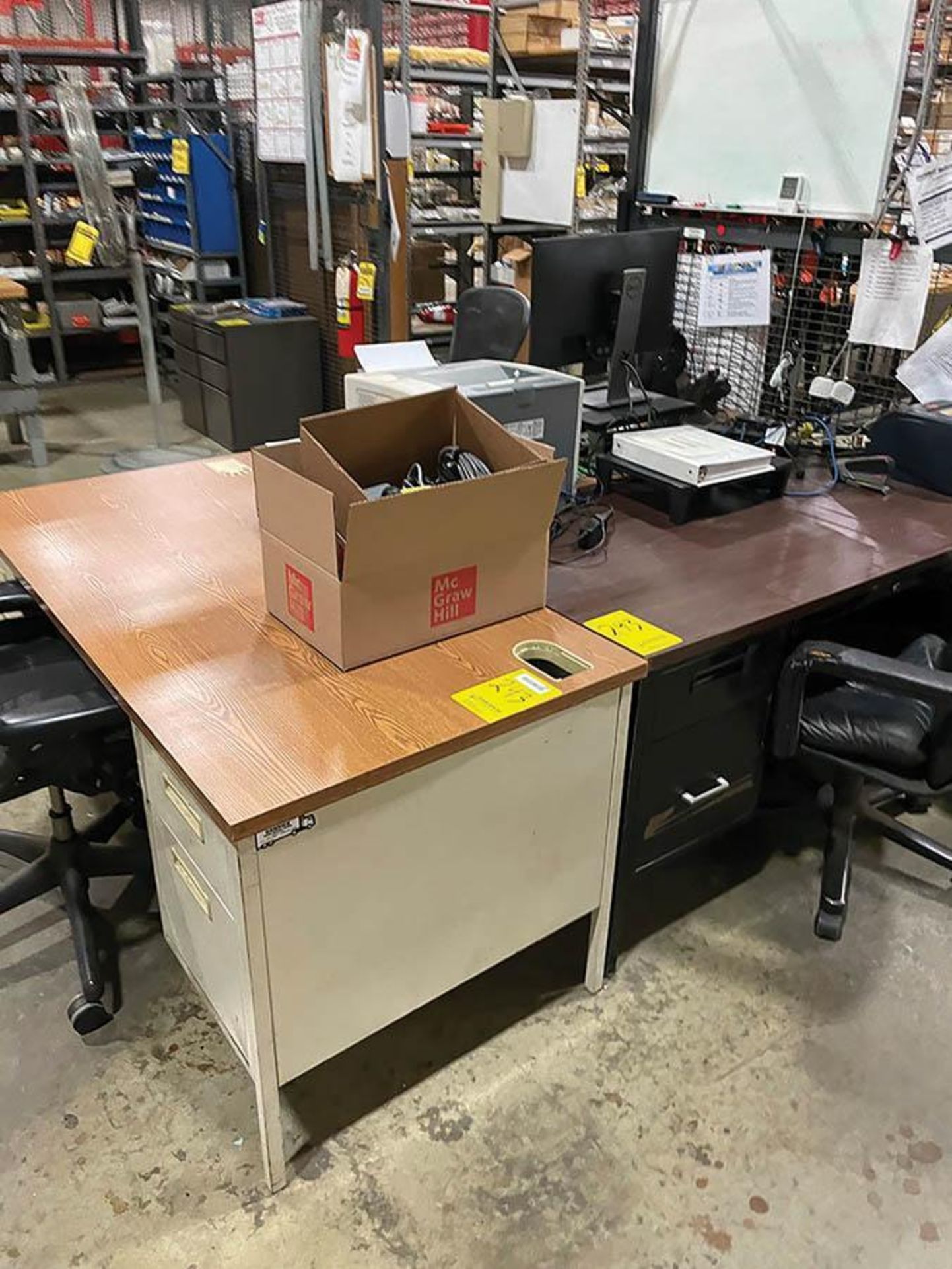 (3) DESKS, MINI FRIDGE, FILE CABINET