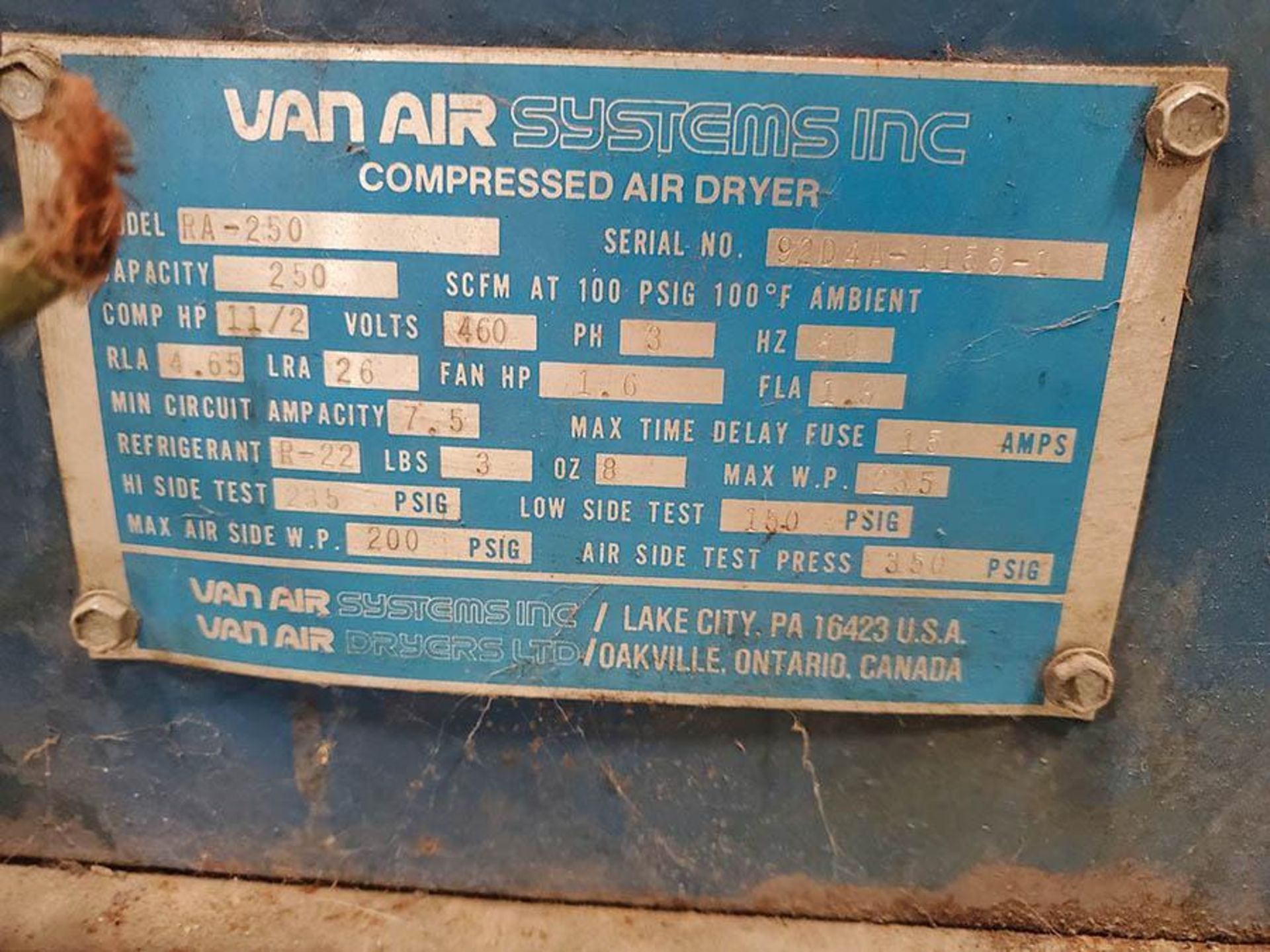 VAN AIR REFRIGERATED AIR DRYER, MODEL RA-250, 250 SCFM @ 100 PSIG, 1.5 HP, - Image 4 of 5