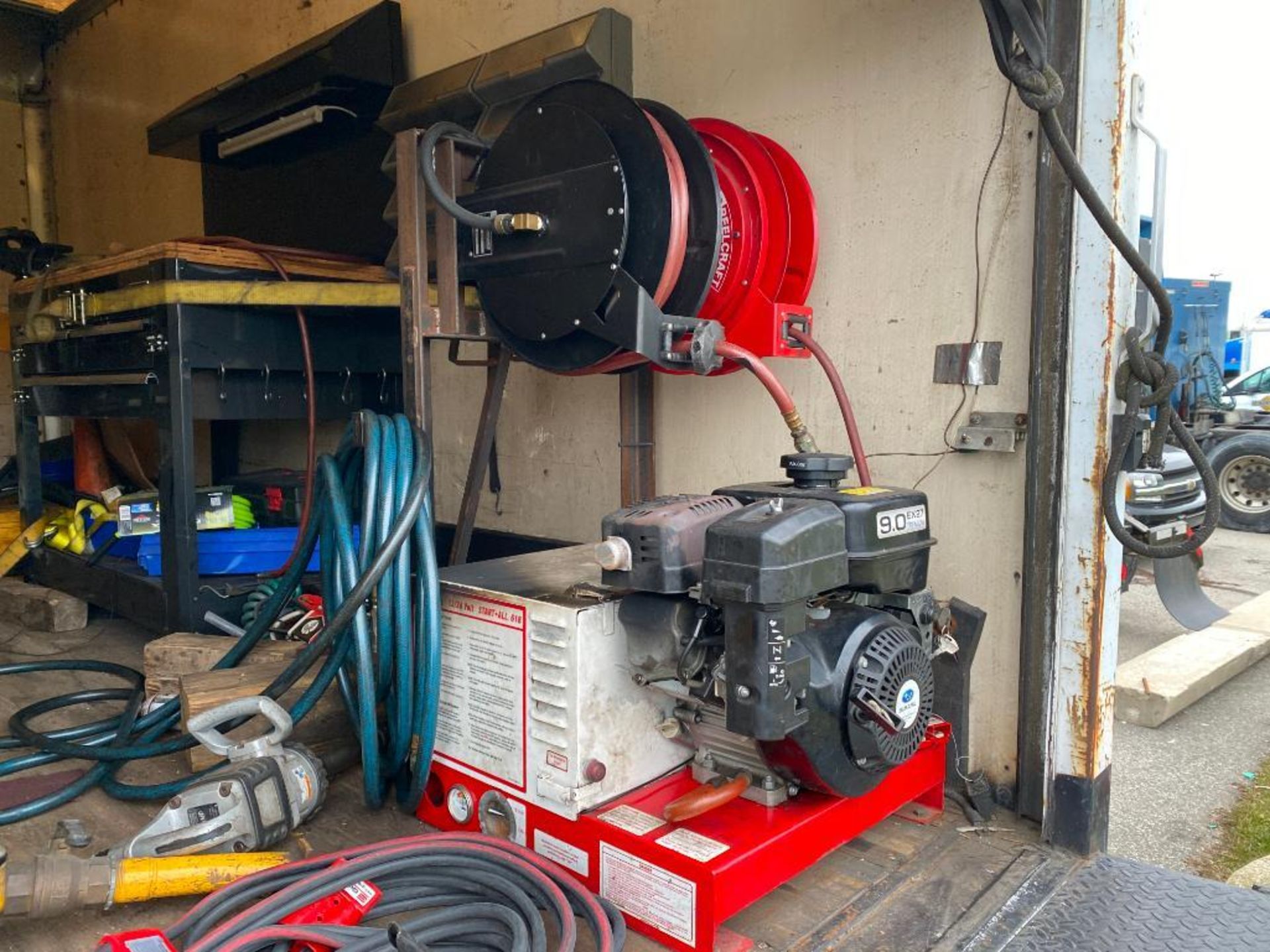 TOOLS IN BACK OF LOT 5, INCLUDING CAMPBELL HAUSFELD AIR COMPRESSOR, PORTABLE JACK, 1'' PNEUMATIC WRE