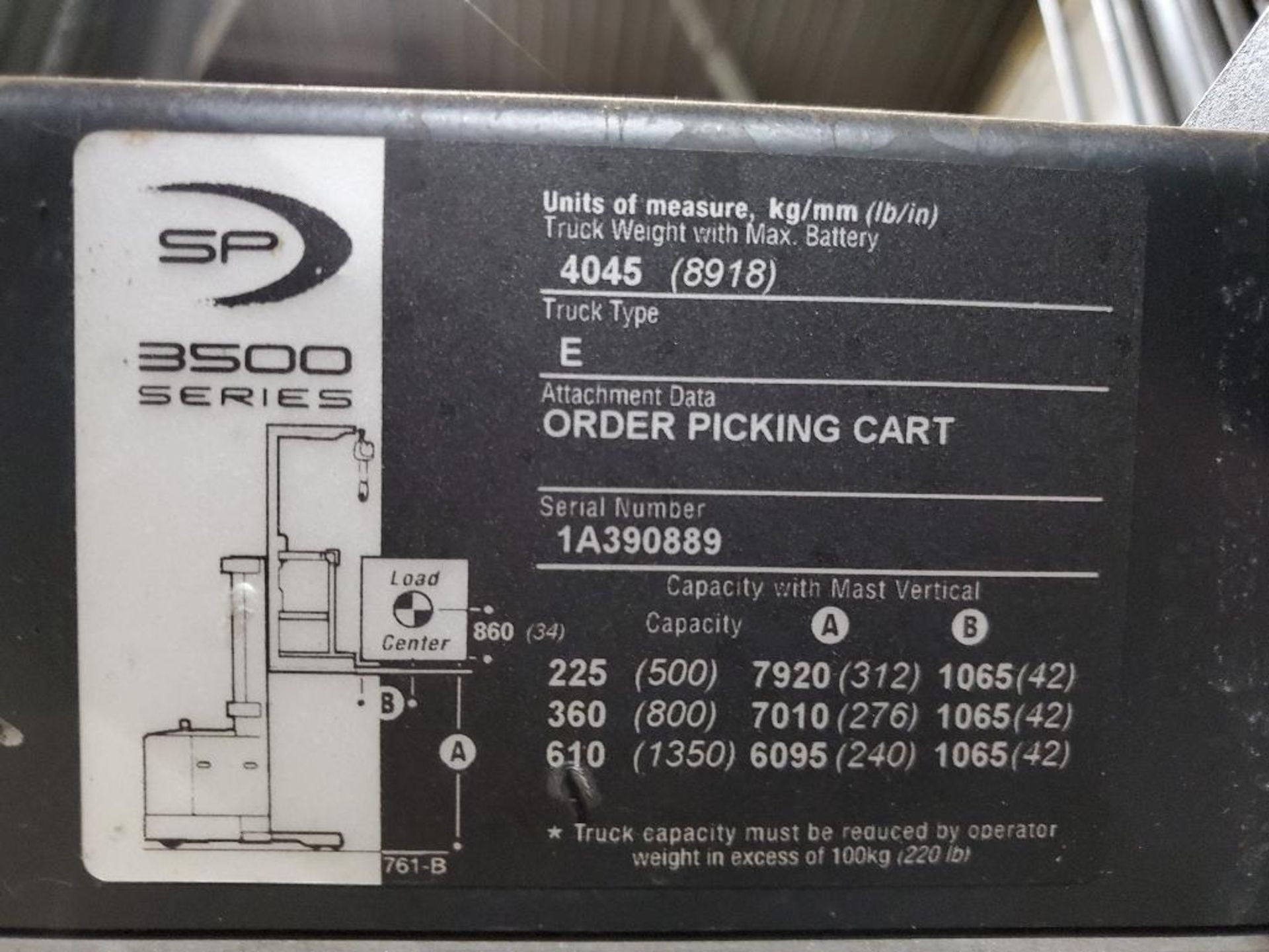 2012 CROWN 3500 SERIES STOCK ORDER PICKER, MODEL SP3520-30, 3,000 LB. CAPACITY, 24V, 131 1/2'' 3 STA - Image 24 of 26