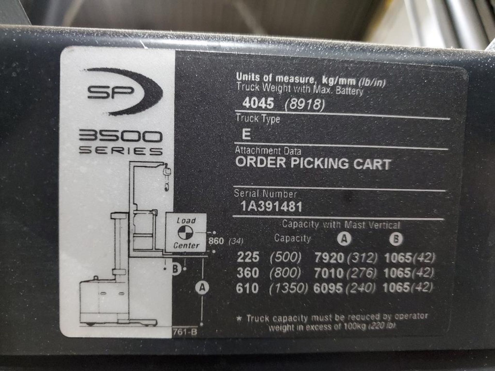 2012 CROWN 3500 SERIES STOCK ORDER PICKER, MODEL SP3520-30, 3,000 LB. CAPACITY, 24V, 131 1/2'' 3 STA - Image 14 of 15