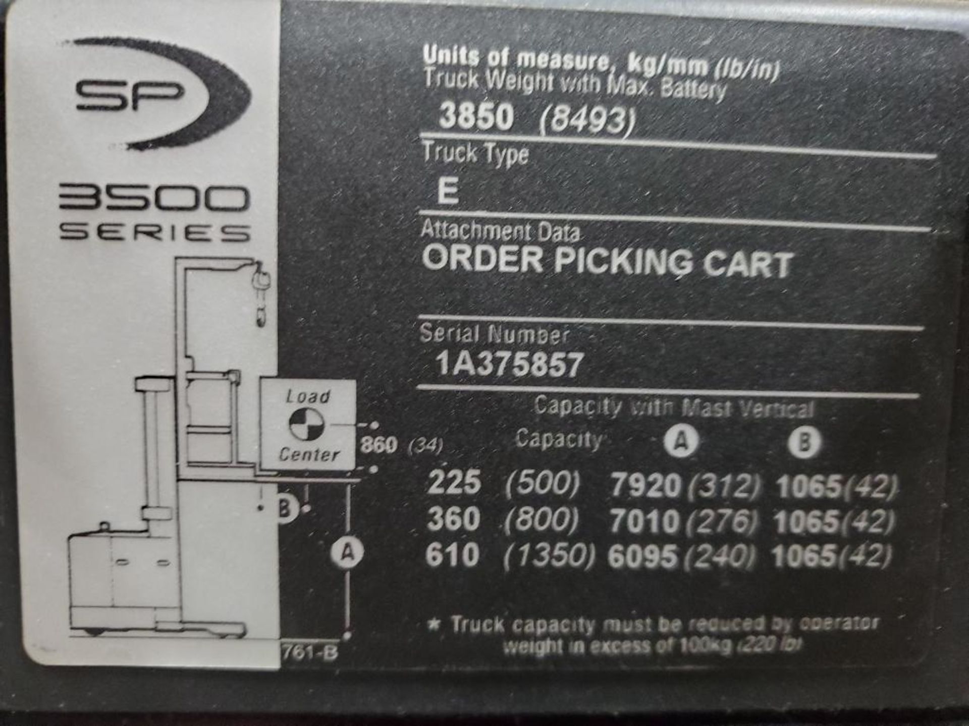 2012 CROWN 3500 SERIES STOCK ORDER PICKER, MODEL SP3520-30, 3,000 LB. CAPACITY, 24V, 131 1/2'' 3 STA - Image 22 of 24