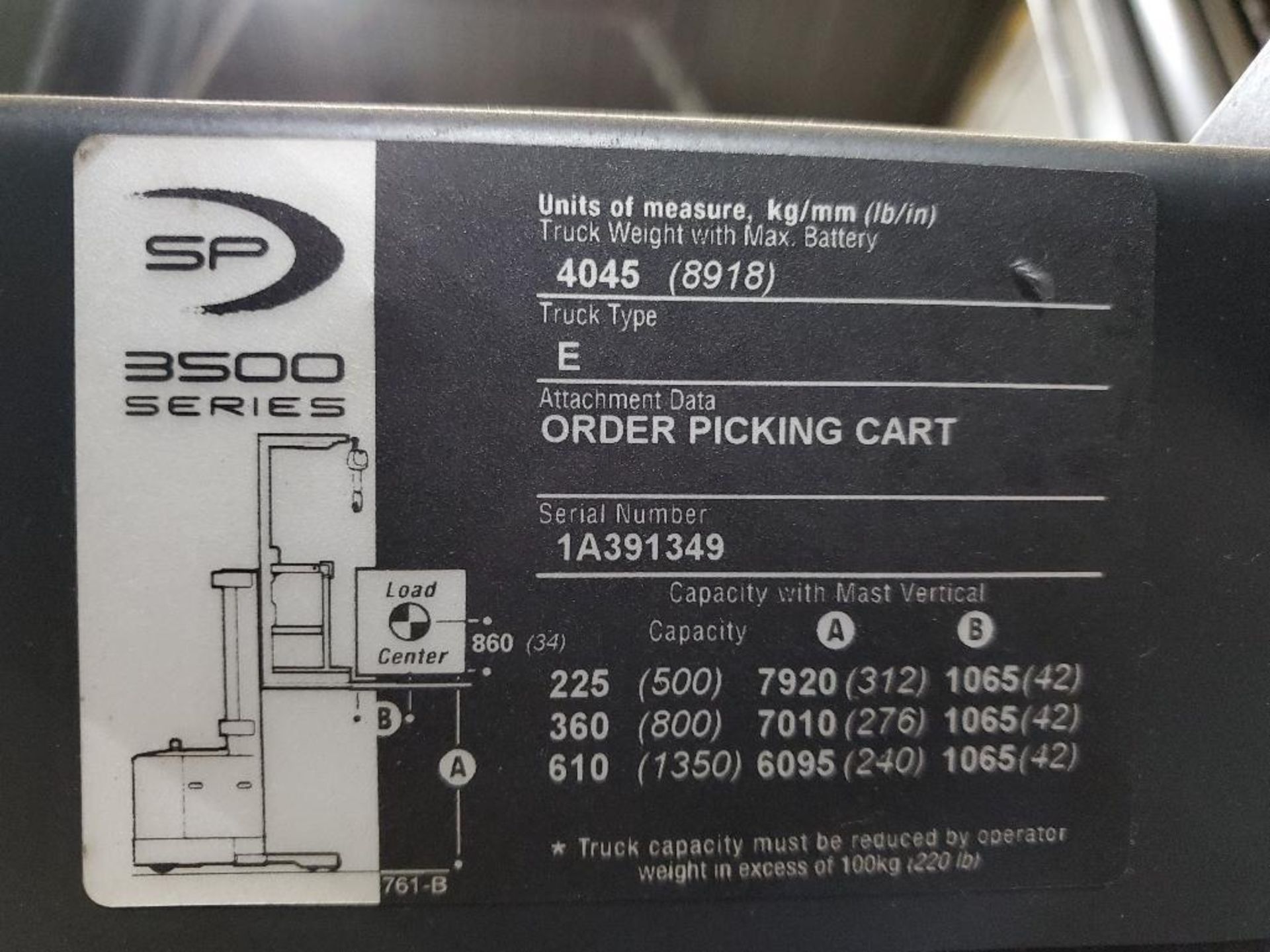 2012 CROWN 3500 SERIES STOCK ORDER PICKER, MODEL SP3520-30, 3,000 LB. CAPACITY, 24V, 131 1/2'' 3 STA - Image 24 of 26