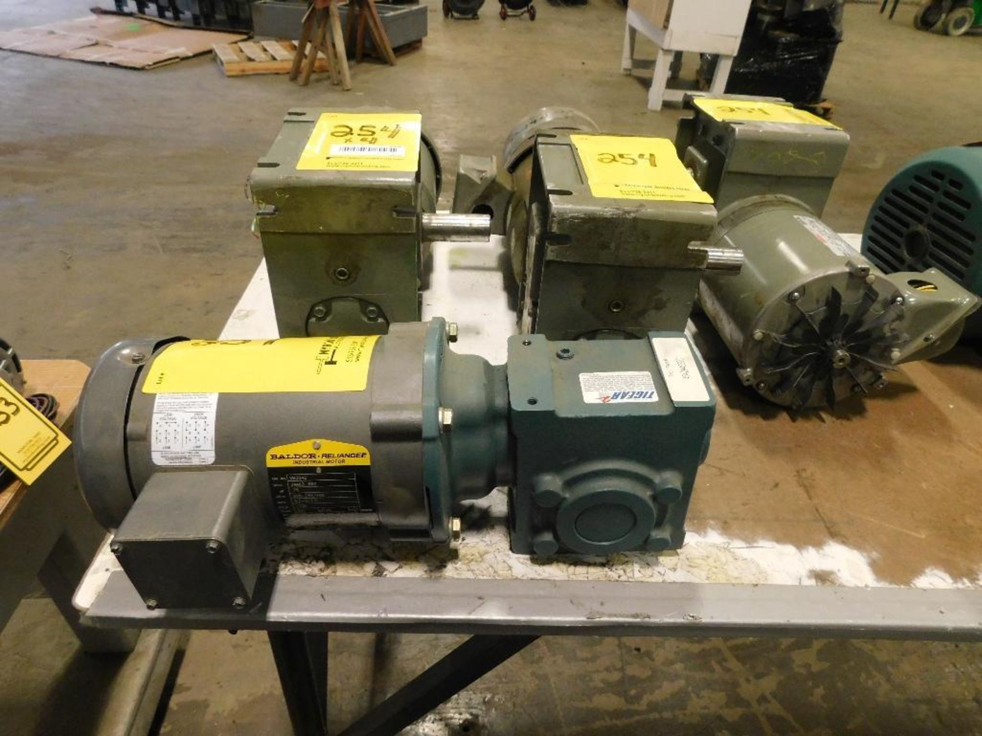 (3) GEAR REDUCTION BOXES W/ UNIMOUNT 125 ELECTRIC MOTORS, (1) TIGEAR REDUCTION BOX W/ BALDOR .75 HP.