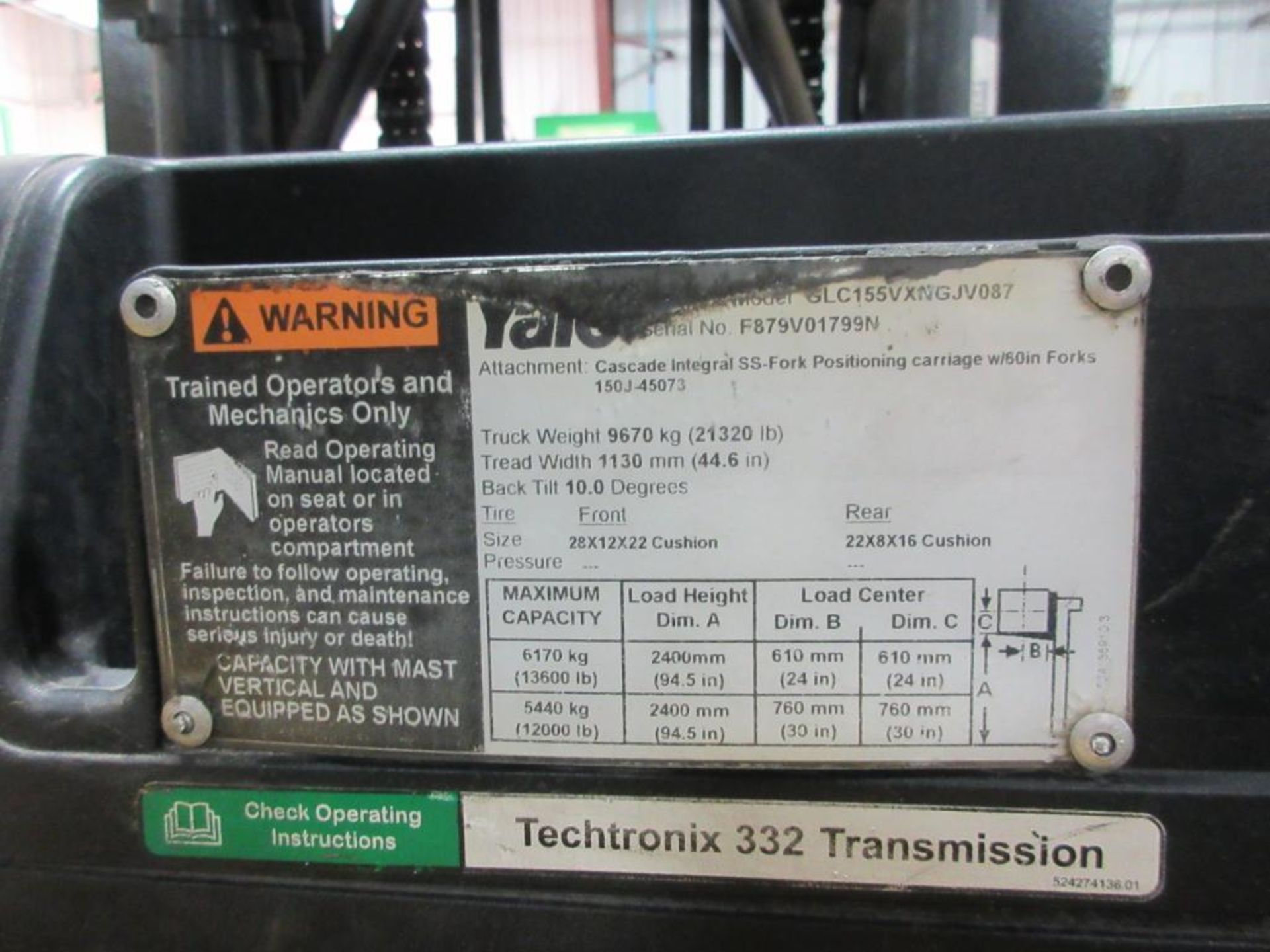 2015 YALE 15,500-LB. CAP. LPG FORKLIFT, CASCADE FORK POSITIONING CARRIAGE, 60 IN. FORKS, 94.5 IN. - Image 8 of 8