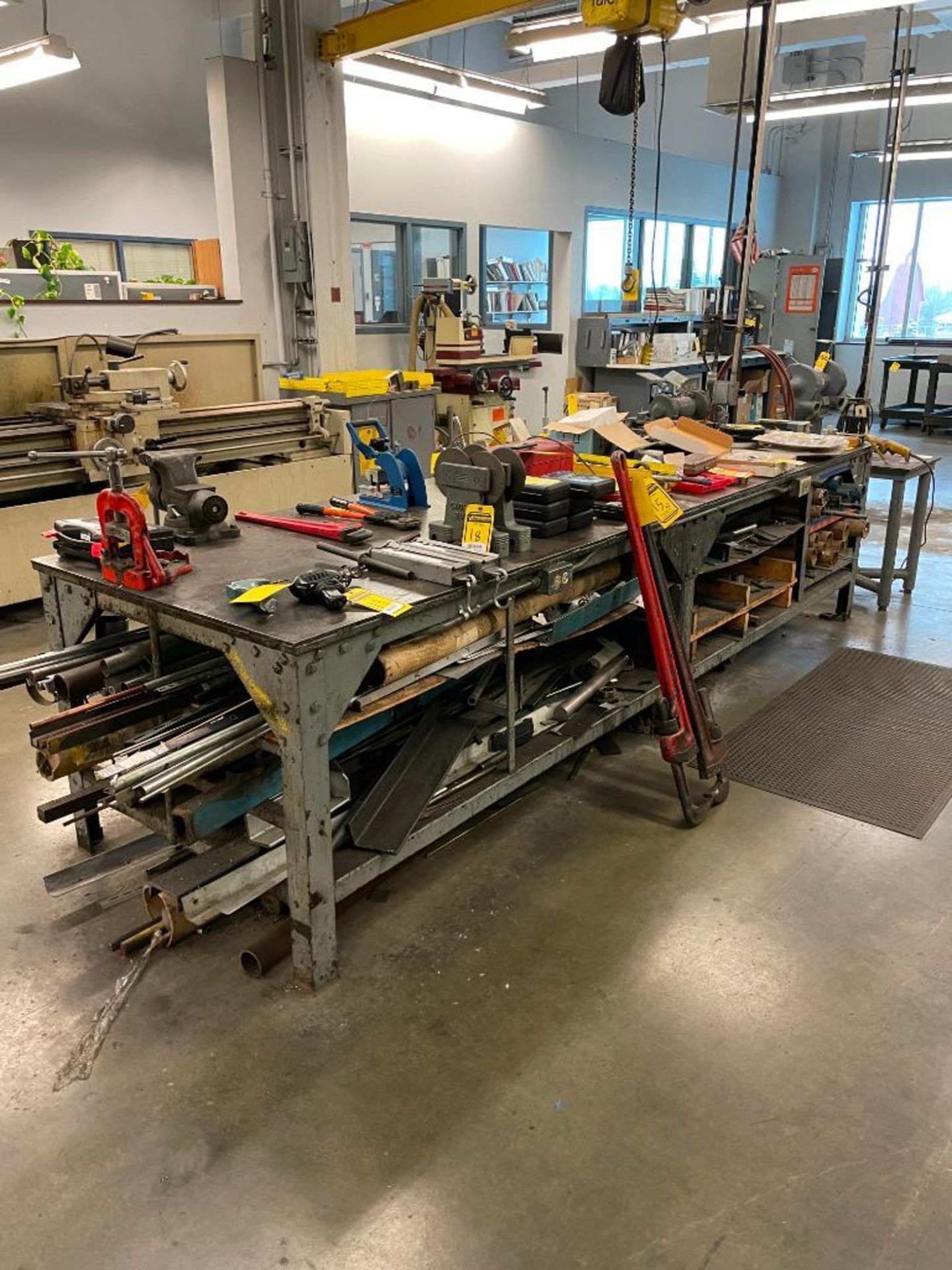 STEEL WORKBENCH WITH 8'' BENCH VISE, WITH POWER OUTLETS, AND CONTENTS OF STOCK MATERIAL, 42'' X 34'' - Image 2 of 2